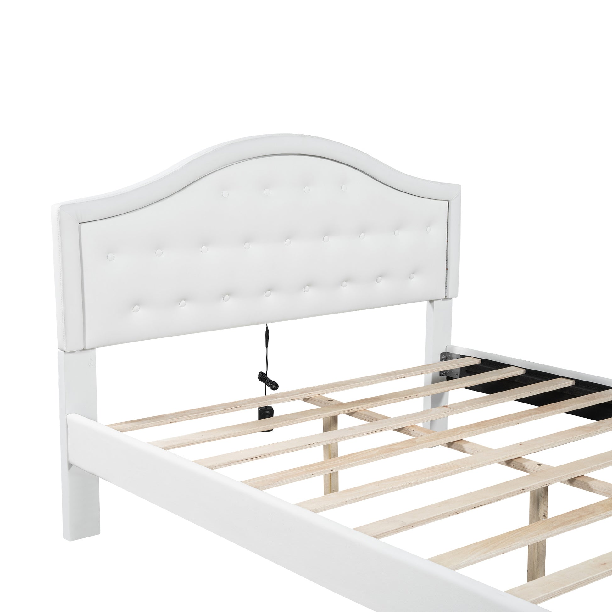 Queen Size Upholstered Platform Bed With Tufted Headboard, Led And 2 Drawers, White Box Spring Not Required Queen White Wood Bathroom Bed Frame Faux Leather Upholstered