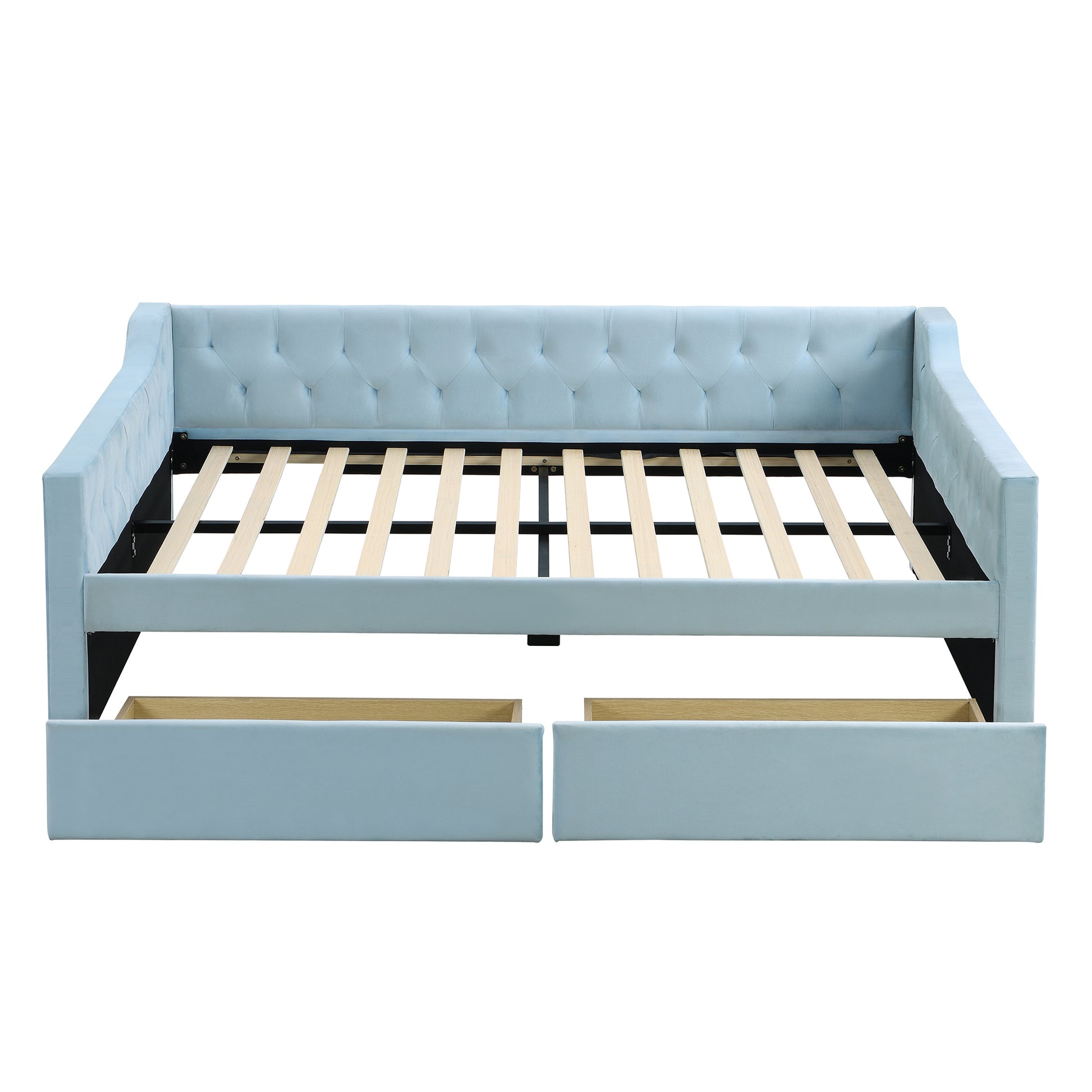 Full Size Upholstered Tufted Daybed With 2 Drawers, Blue Box Spring Not Required Full Blue Wood Daybeds Velvet Upholstered