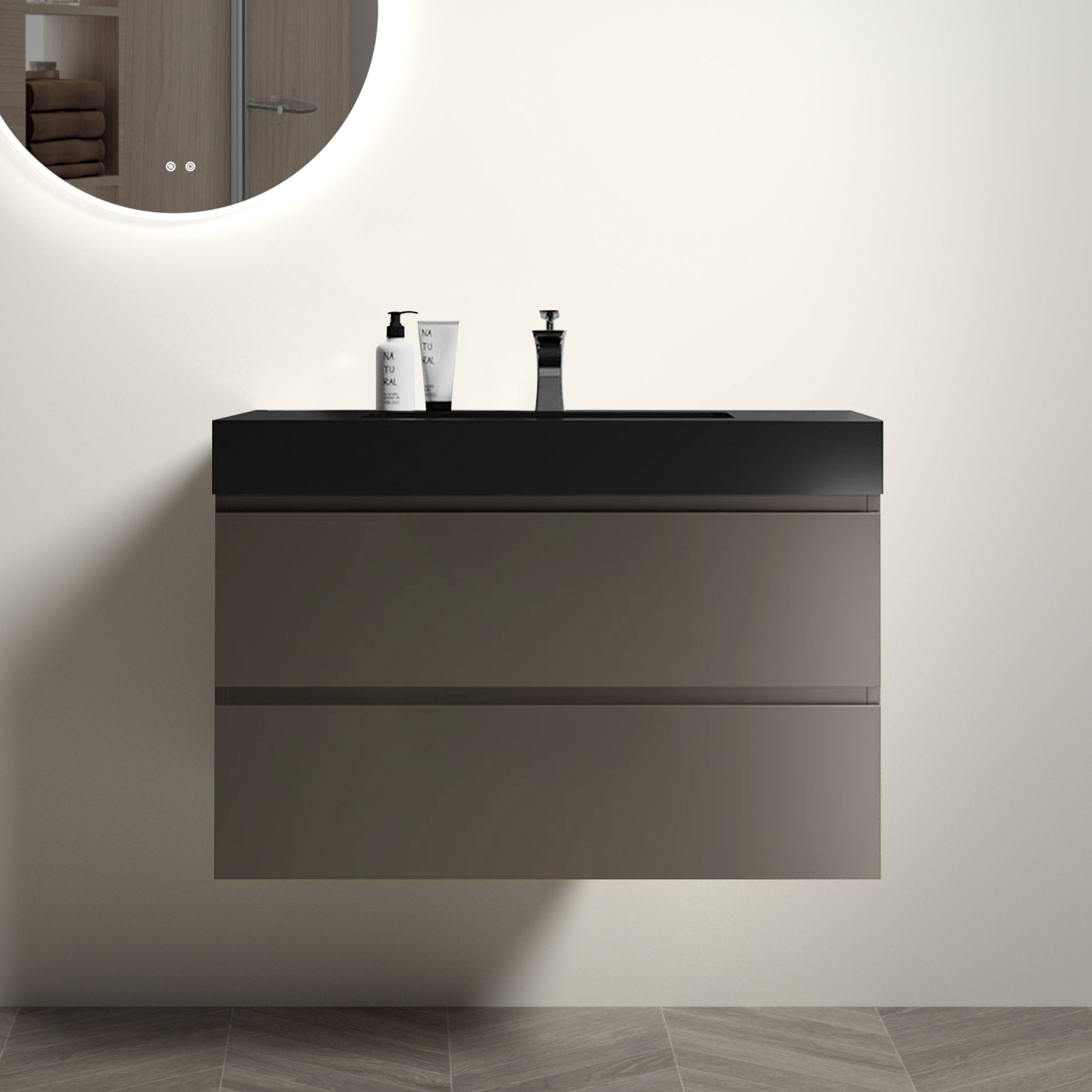 Alice 36" Gray Bathroom Vanity With Sink, Large Storage Wall Mounted Floating Bathroom Vanity For Modern Bathroom, One Piece Black Sink Basin Without Drain And Faucet, Pre Assembled Black Gray Melamine