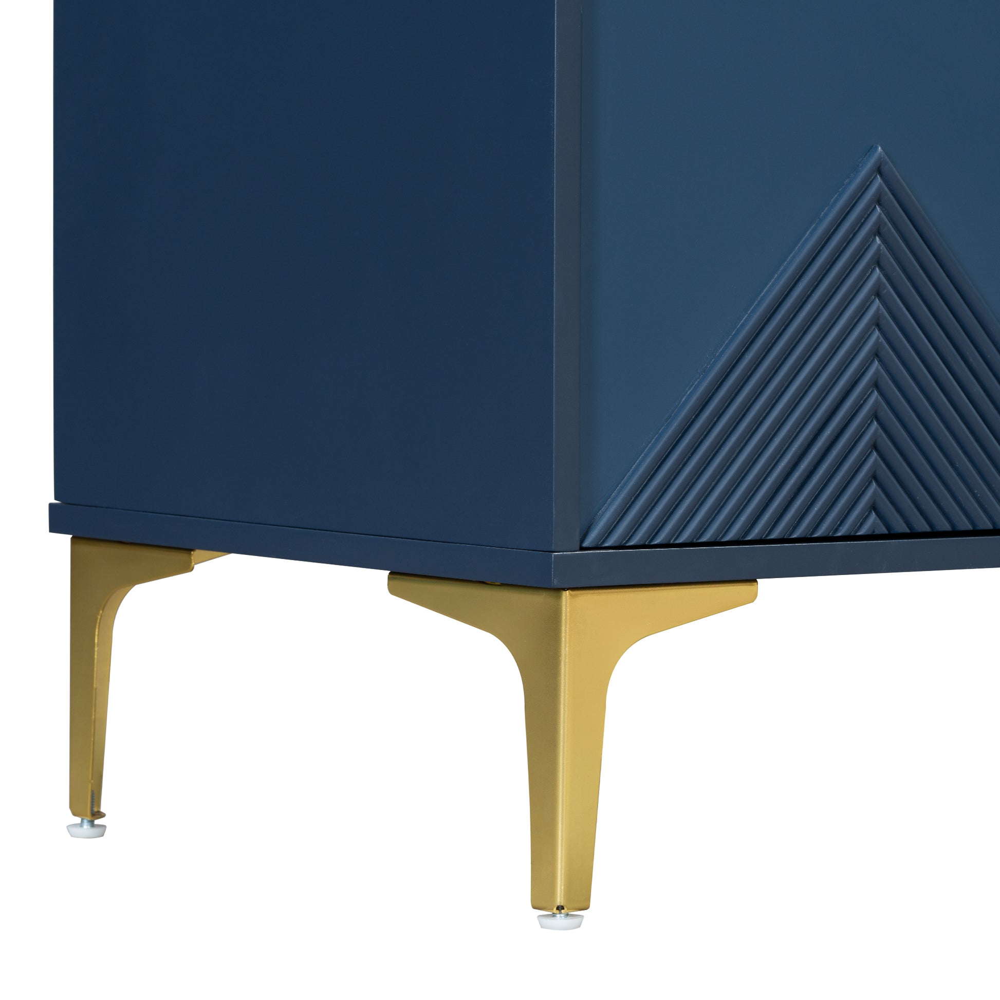 Unique Features Of A Four Door Cabinet With Two Tone Triangular Pattern Doors, Suitable For Entryway, Hallway, Living Room 3 4 Spaces Navy Blue Primary Living Space Adjustable Shelves Artsy,Contemporary Mdf