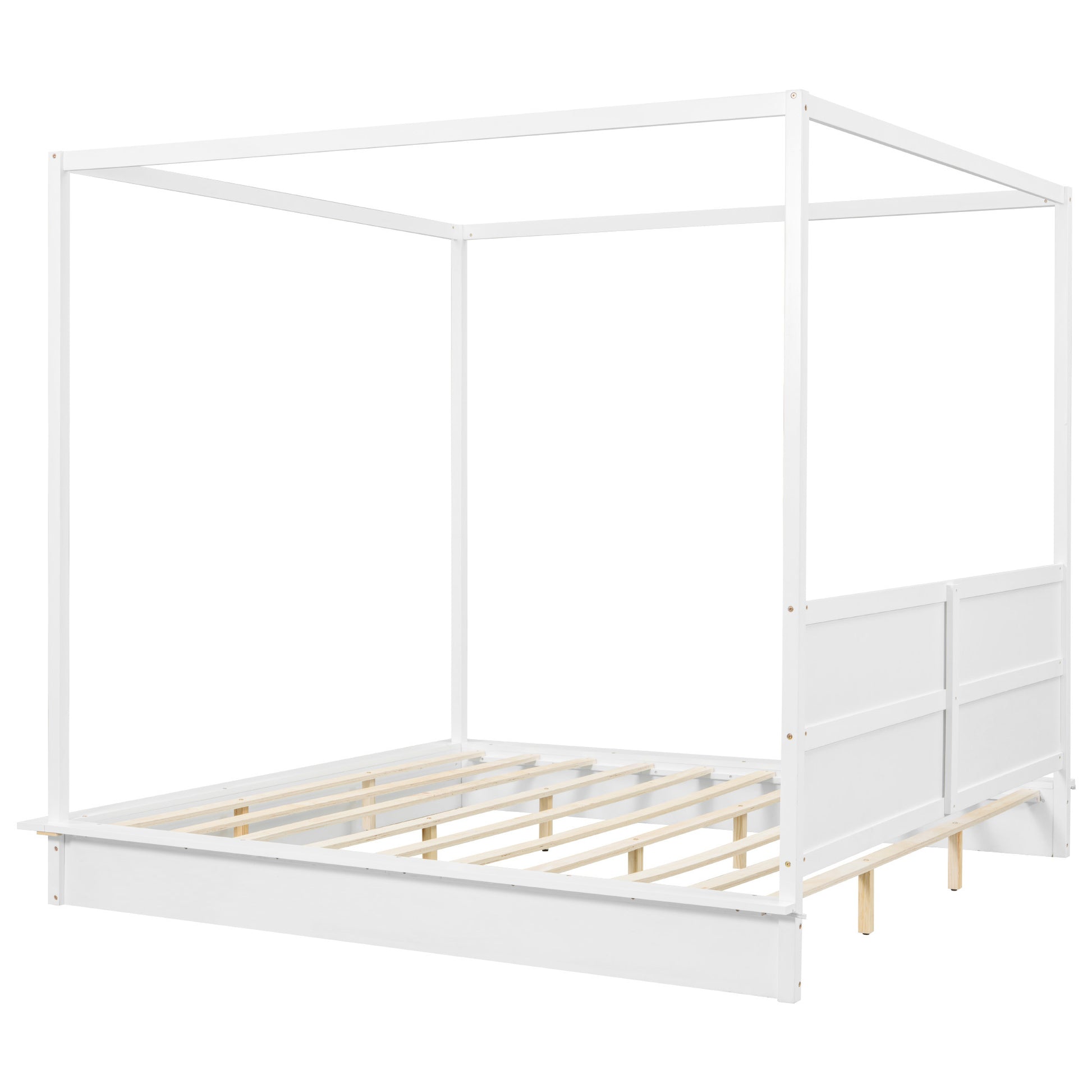 King Size Wood Led Canopy Bed ,Canopy Platform Bed With Support Slats, No Box Spring Needed, Whitekig King White Plywood