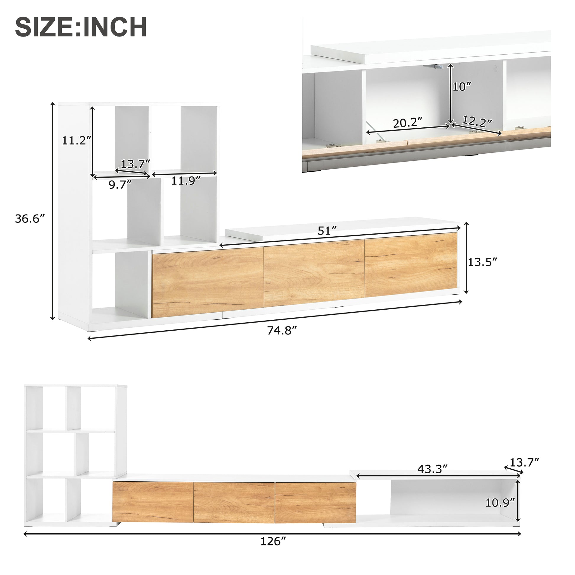 74.8'' 126'' Extendable Tv Stand With 3 Tier Bookshelves For Tvs Up To 110'', Adjustable Entertainment Center With Storage Cabinets, Sliding Tabletop Media Console For Living Room, White White Primary Living Space 90 Inches Or Larger Particle Board Mdf