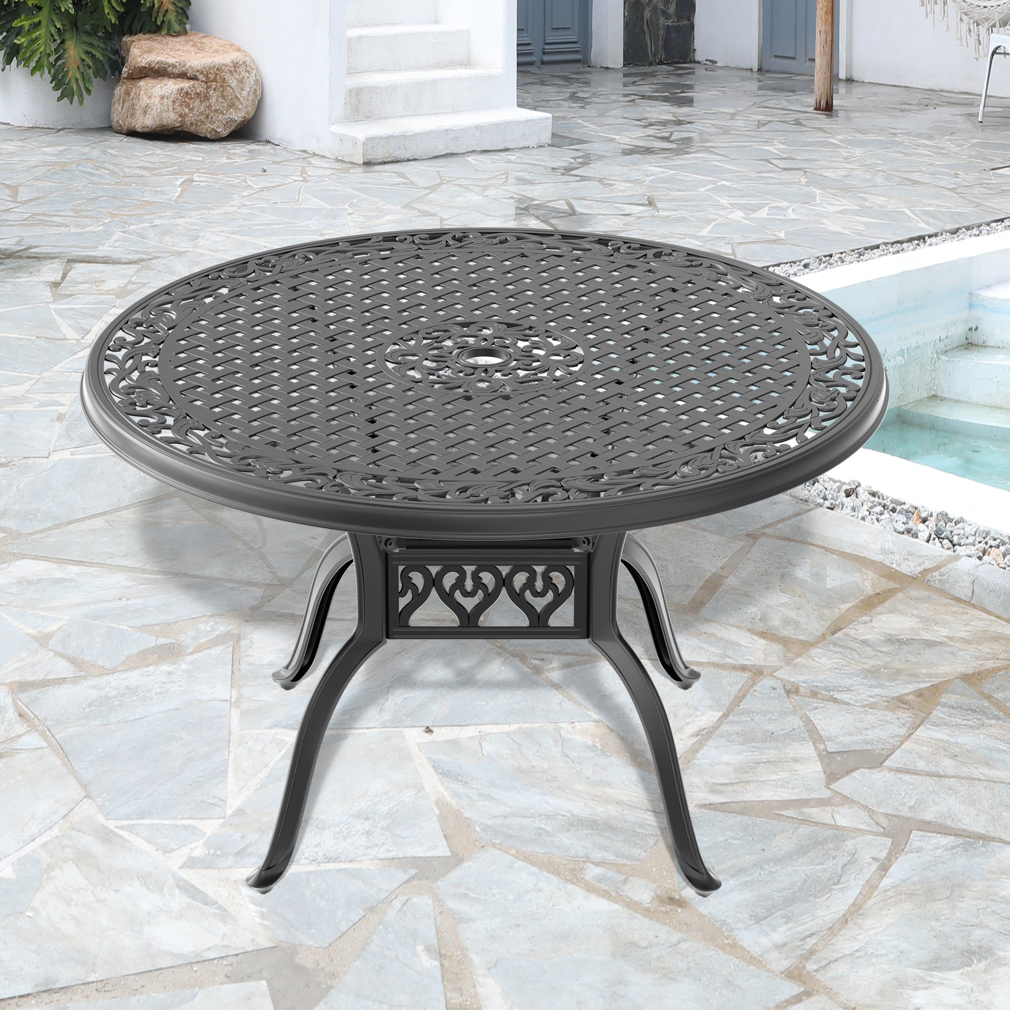 47.24 Inch Cast Aluminum Patio Dining Table With Black Frame And Umbrella Hole Dining Set Black Rust Resistant Frame Garden & Outdoor Complete Patio Sets Aluminium