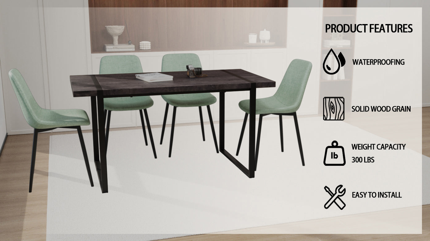Mdf Black Wooden Dining Table And Modern Dining Chair 4 Piece Set, Medieval Wooden Kitchen Dining Table Set, Rectangular Metal Base, Dining Table And Suede Chair Brown Green Mdf