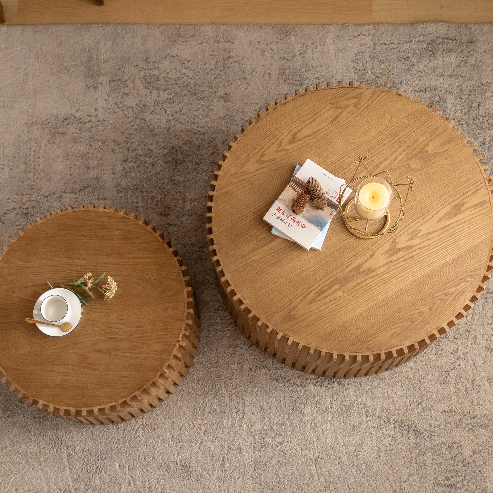 Vintage Fashion Style Cylindrical Nesting Coffee Table Set With Vertical Textured Embossed Design For Living Room, Office And Dining Room, Natural Set Of 2 Natural Mdf