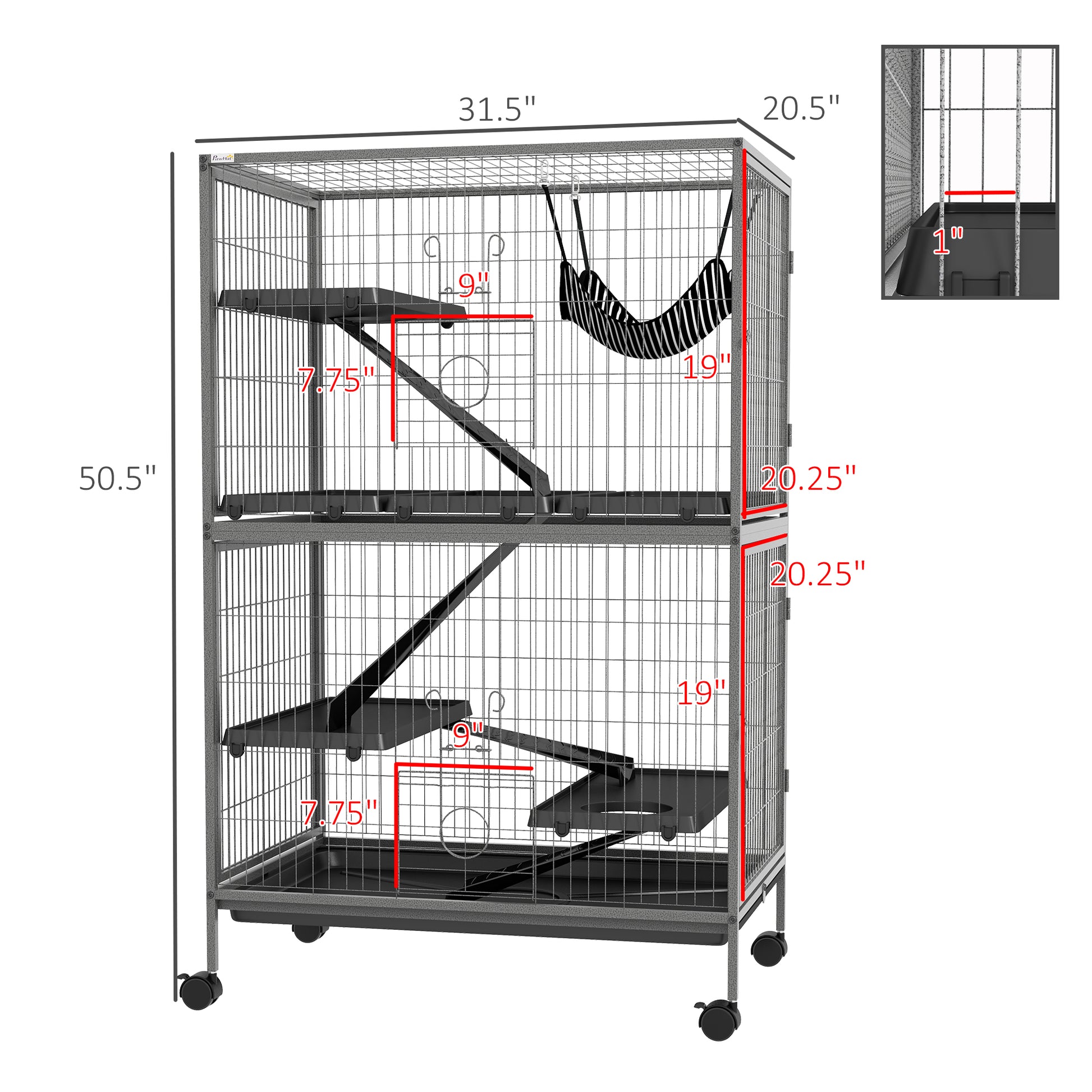 Pawhut 50" 5 Tier Small Animal Cage, Ferret Cage, Large Chinchilla Cage With Hammock Accessory & Heavy Duty Steel Wire, Small Animal Habitat With 4 Doors, Removable Tray, Gray Grey Steel