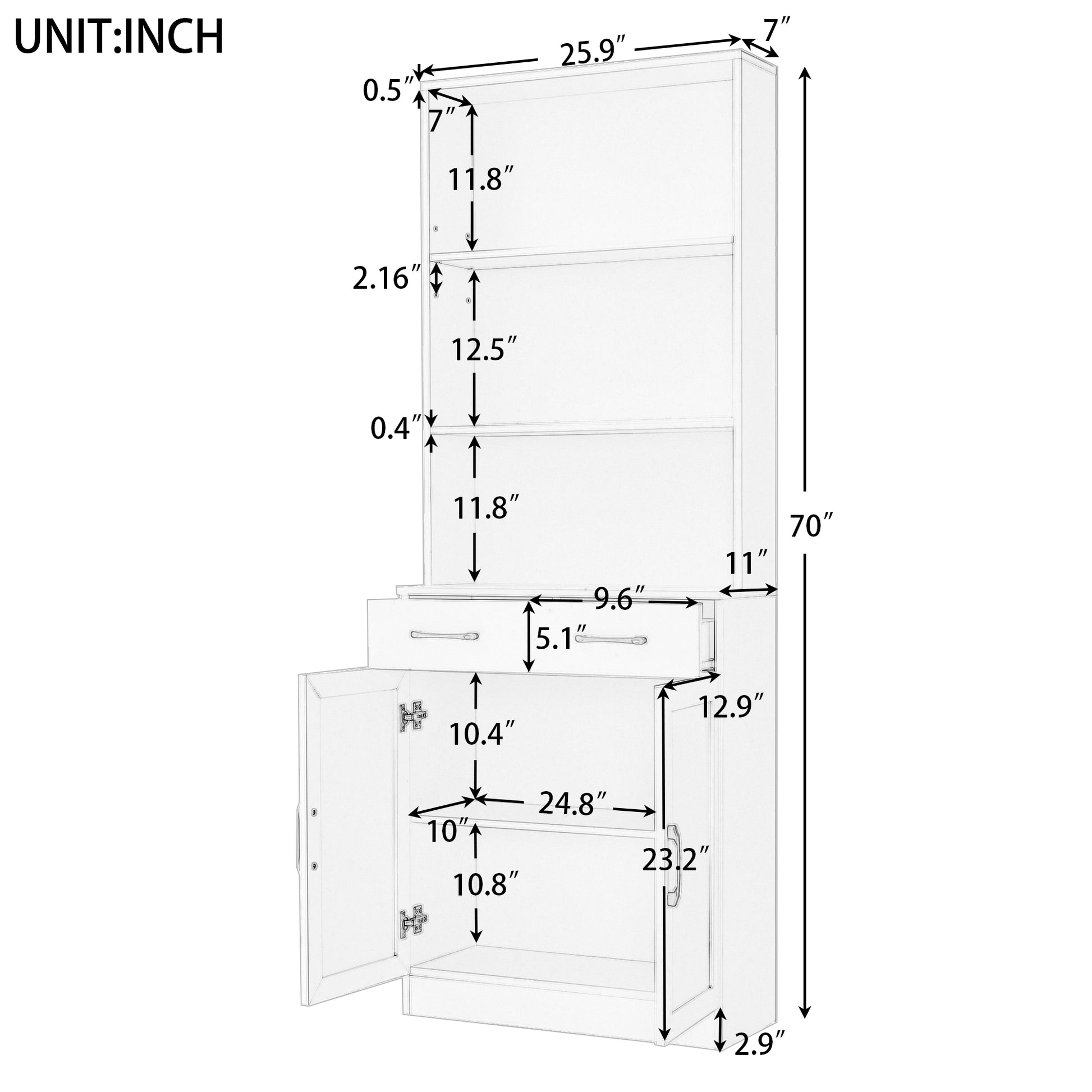 Bathroom Storage Cabinet, Cabinet With Two Doors And Drawers, Adjustable Shelf, Three Layer Open Shelf, Mdf Board, White White Mdf