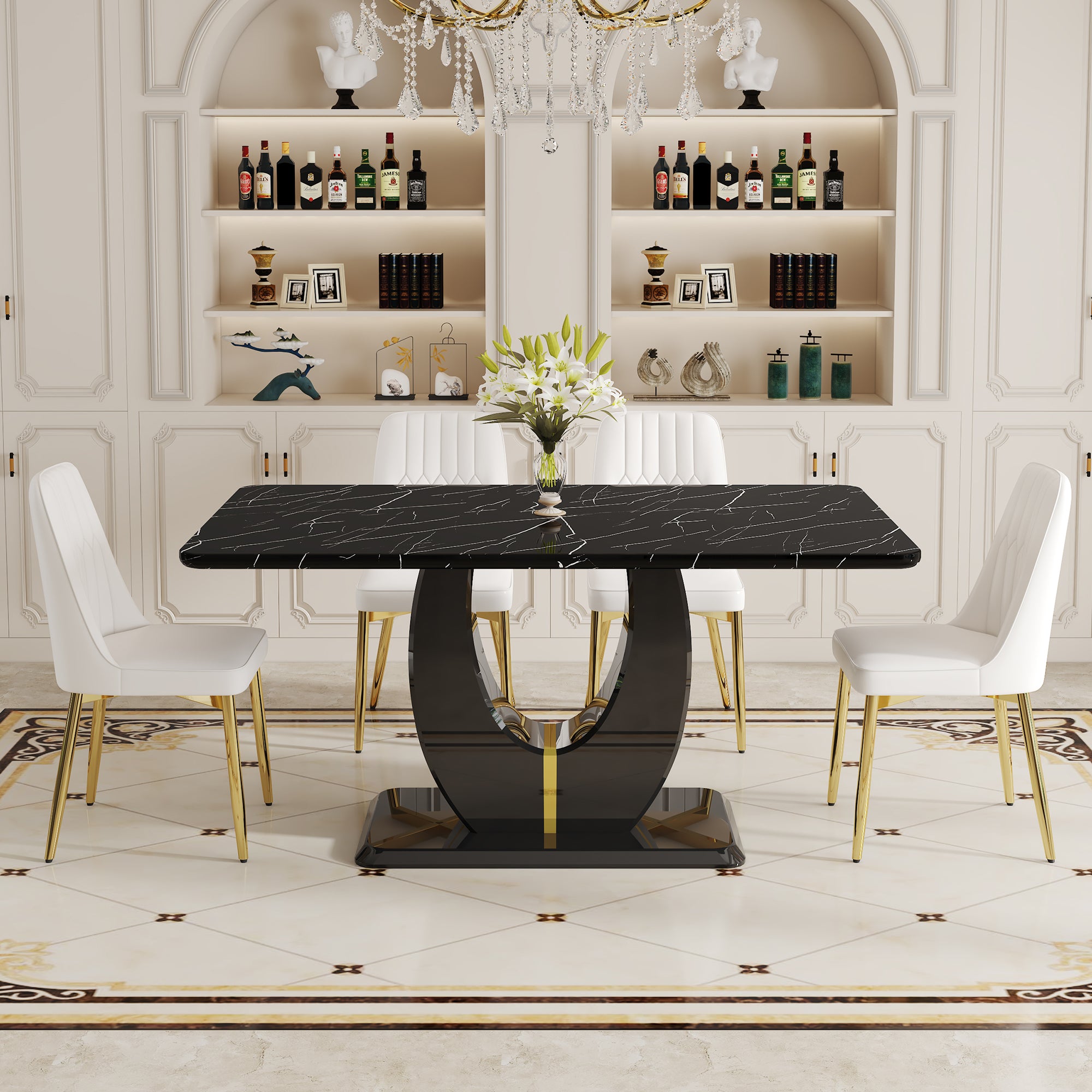 Table And Chair Set.63"W X 37"D X 30"H Black Marble Mdf Diningtable Set With 4 White Pu Chairs With Gold Metal Legs.Bring A Comfortable Home Experience To The Kitchen, Bedroom, And Office. White