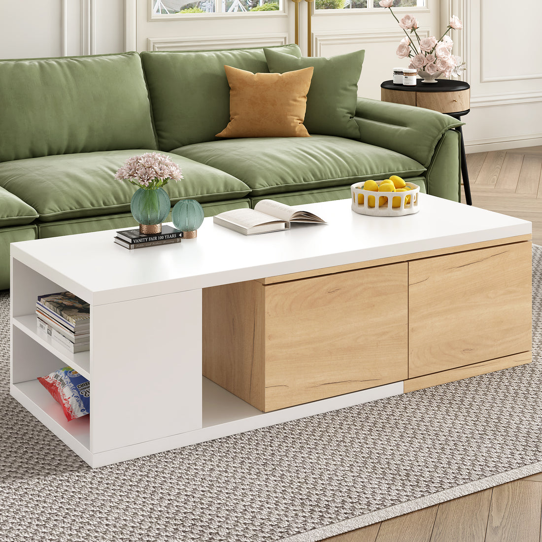 47.2'' 57''W Extendable Coffee Table With 2 Storage Drawers, Dual Tone Wood Center Table With Extendable Sliding Tabletop, Multi Functional Hidden Storage Sofa Table For Living Room, White White Primary Living Space Drawers Rectangular Particle Board Mdf