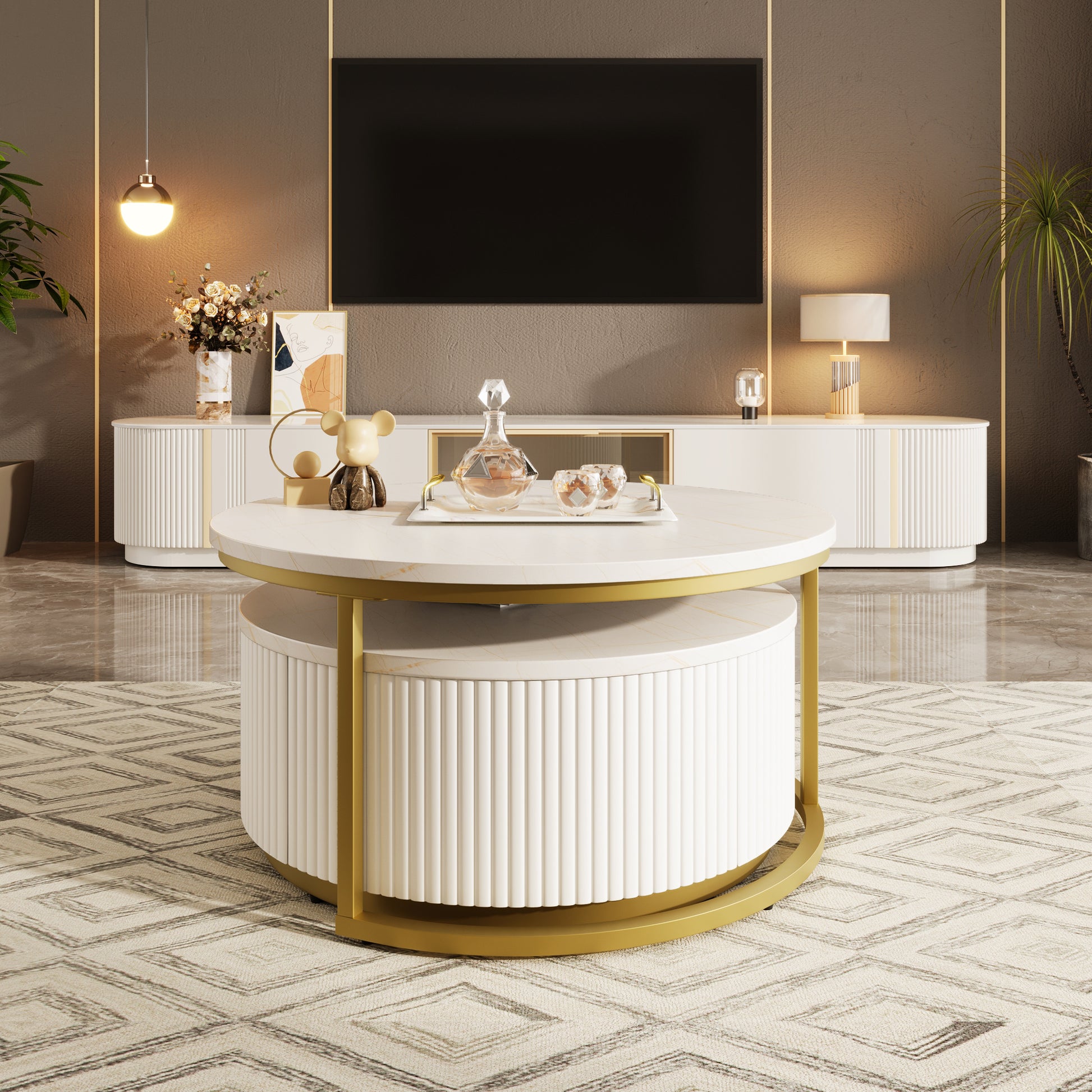 Modern Round Nesting Coffee Table Fluted With Drawer In White & Gold In 31.5'' Golden White Drawers Coffee & End Tables Glossy Round Metal Mdf Pedestal