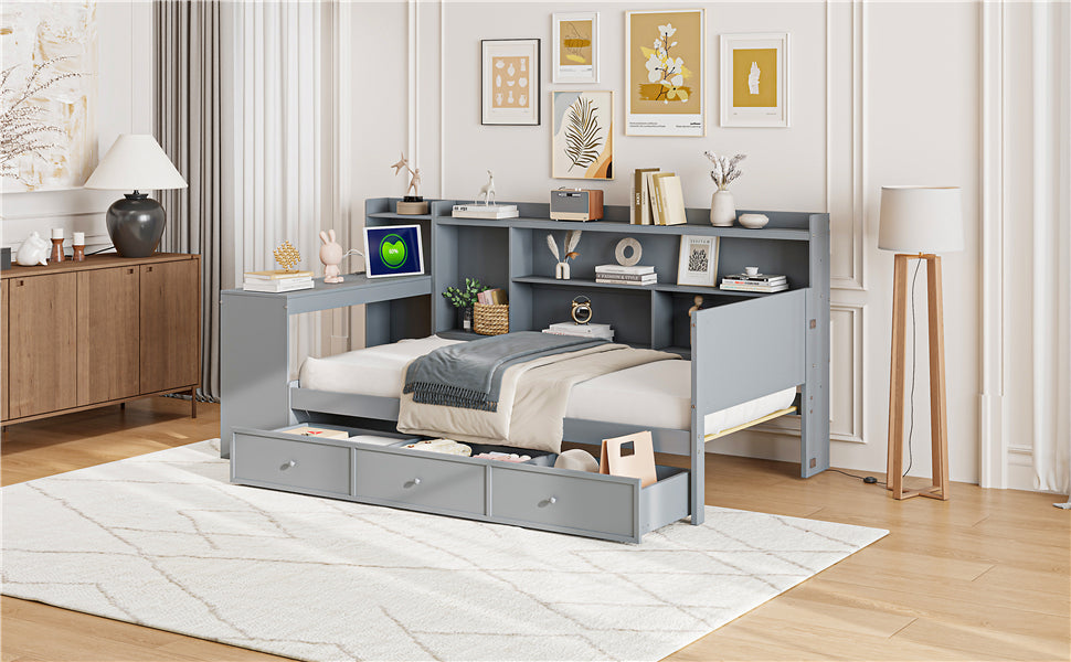 Twin Size Wooden Daybed With 3 Drawers, Usb Ports And Deskgray Twin Gray Wood