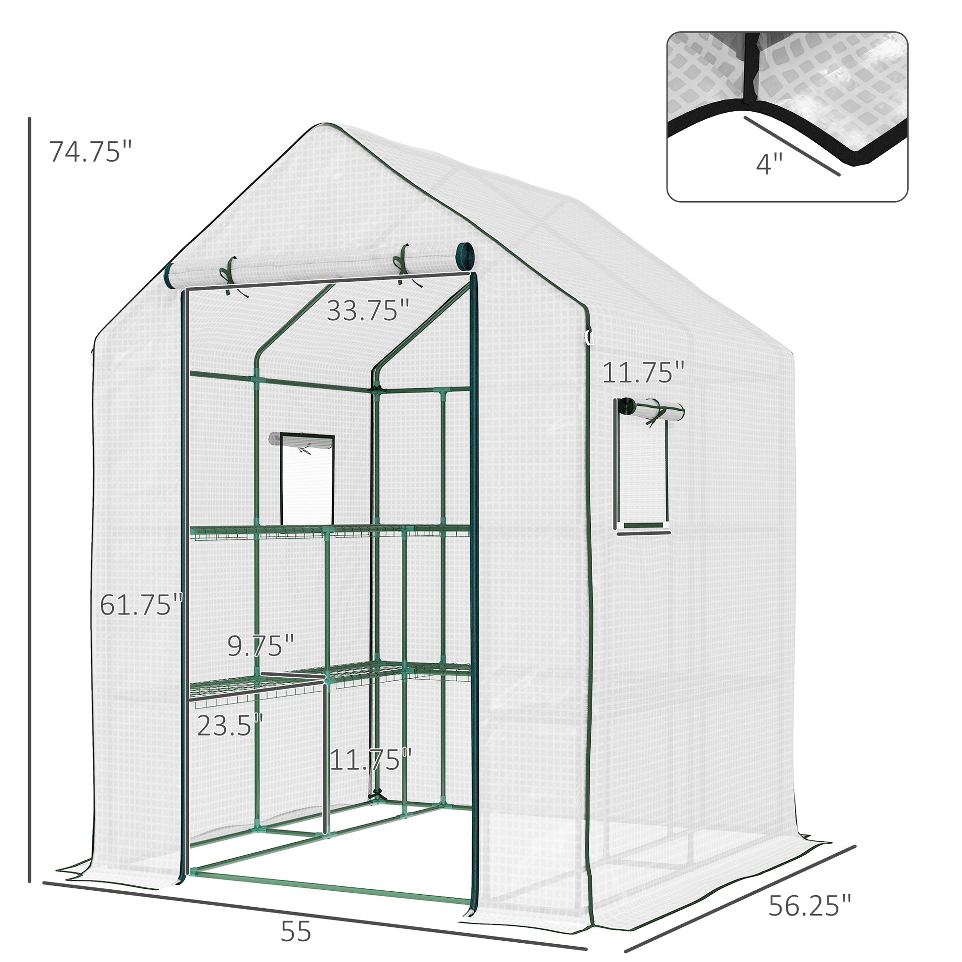 Outsunny 4.6' X 4.7' Portable Greenhouse, Water Uv Resistant Walk In Small Outdoor Greenhouse With 2 Tier U Shaped Flower Rack Shelves, Roll Up Door & Windows, White White Steel
