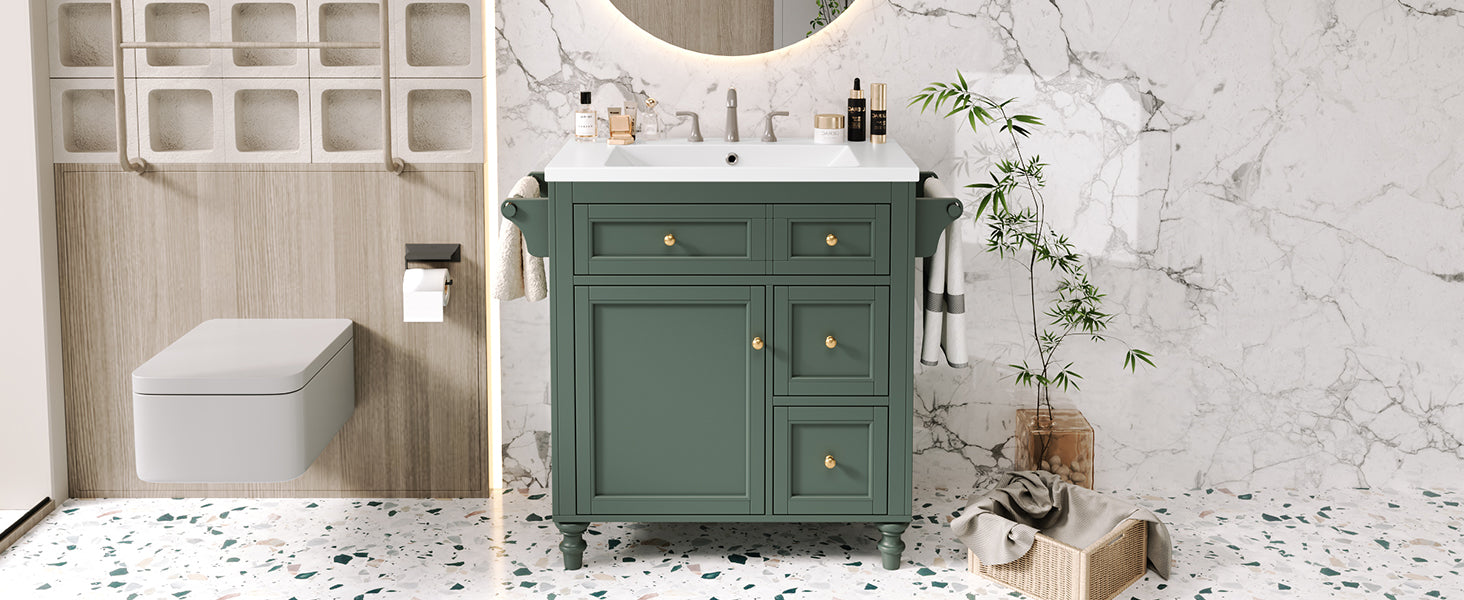 30'' Bathroom Vanity With Top Sink, Modern Bathroom Storage Cabinet With 2 Drawers And A Tip Out Drawer, Single Sink Bathroom Vanity Same As Sw000143Aaf Green Bathroom Modern Solid Wood Mdf Resin