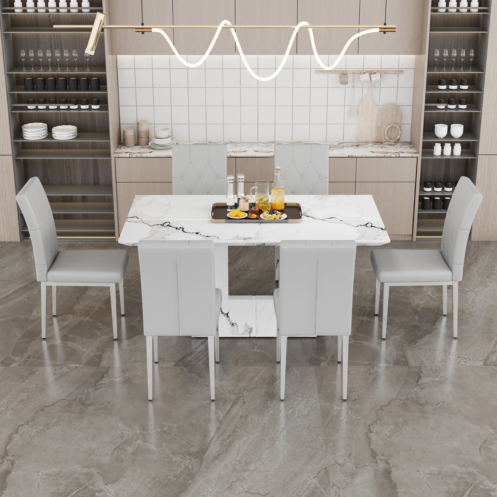 Table And Chair Set.63"X35.4" White Marble Patterned Mdf Dining Table Set With 6 Armless Light Gray Pu Chairs.Showcasing A Modern And Stylish Look. Light Gray,White Seats 6 Mdf Metal