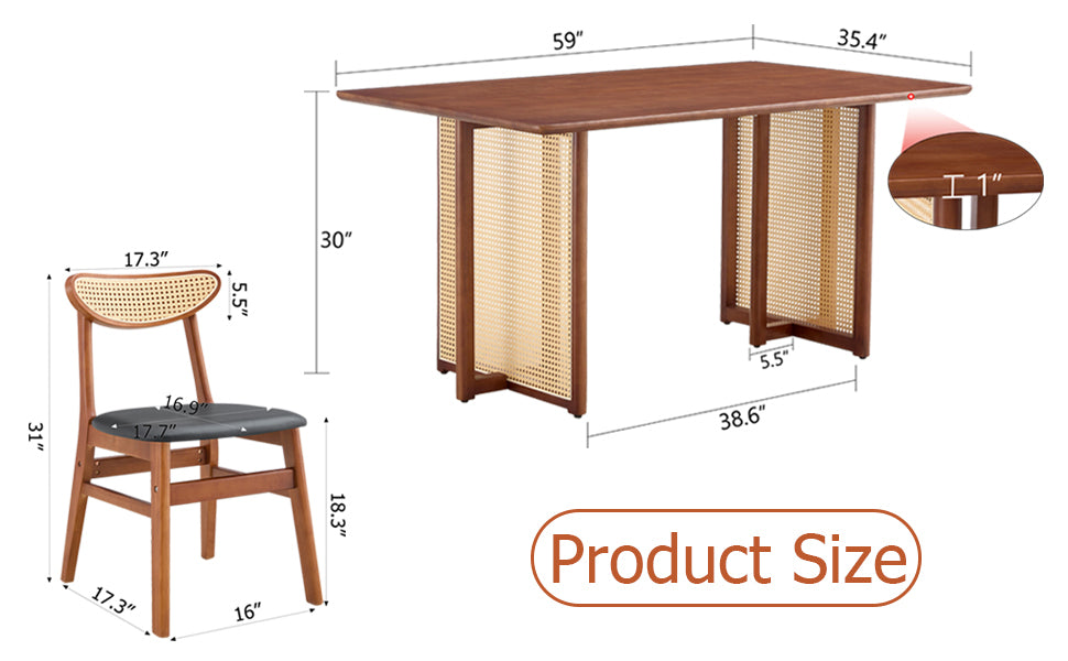Table And Chair Set, Ancient Style Solid Wood Dining Table, Imitation Rattan Table Legs, Beautiful Simple Solid Wood Dining Chair, Perfect For Dinner, Meetings, Home And Office Decoration Walnut Rubber Wood