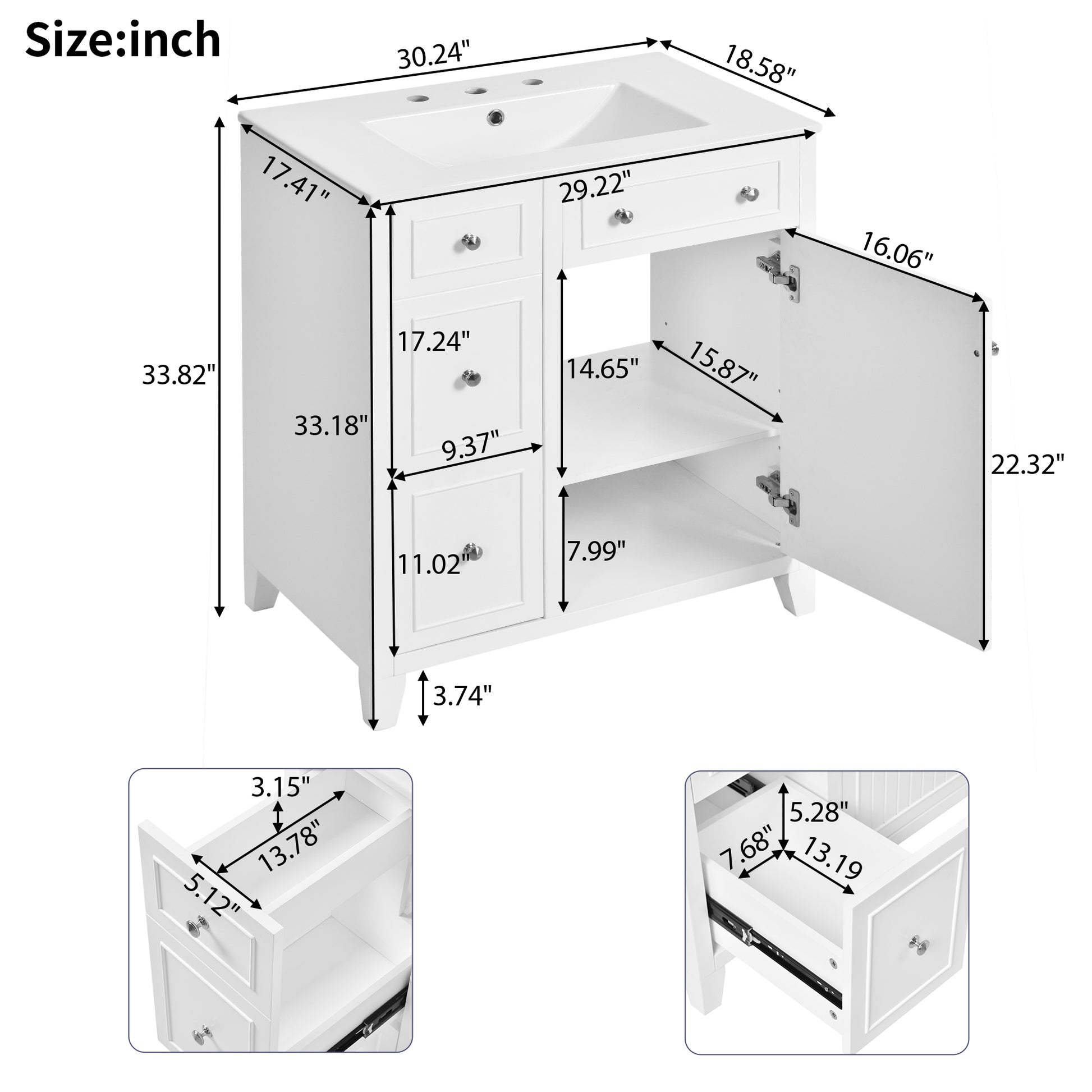 30 Inch Bathroom Vanity Cabinet With Ceramic Basin, Double Layer Drawer, Deep Drawer And Adjustable Shelf White Bathroom Solid Wood Mdf