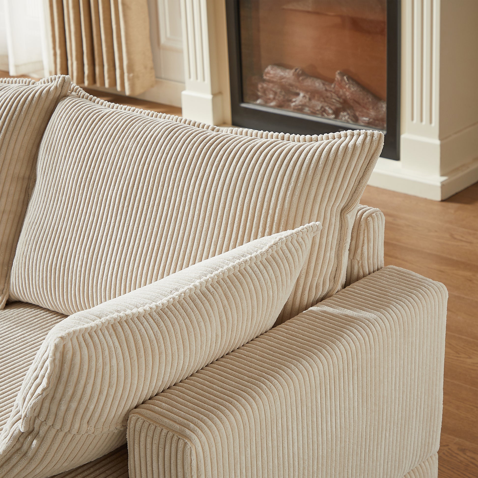 113.5'' Modular Sectiona Corduroy Sofa, Sectional Couches For Living Room U Shaped Sectional Couch With Storage Ottoman, 6 Seats Convertible Sectionals With Chaise Beige Corduroy 3 Seat