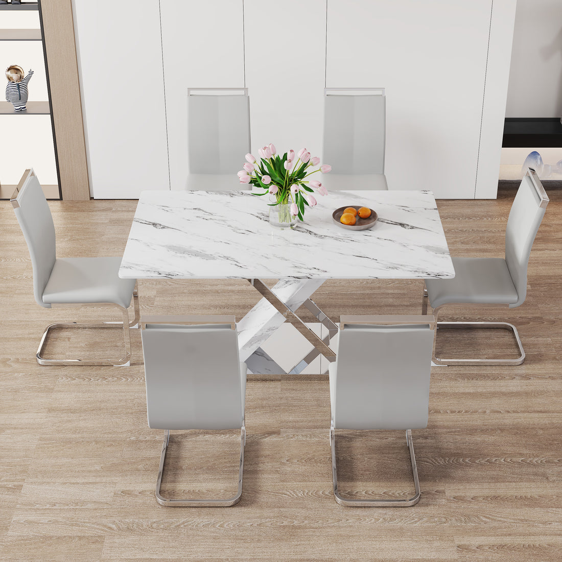 Table And Chair Set, Modern Dining Table, Imitation Marble White Top And Silver Legs, Soft And Comfortable Dining Chair, Perfect For Dinner, Meetings, Home And Office Decor Grey Silver Glass Metal