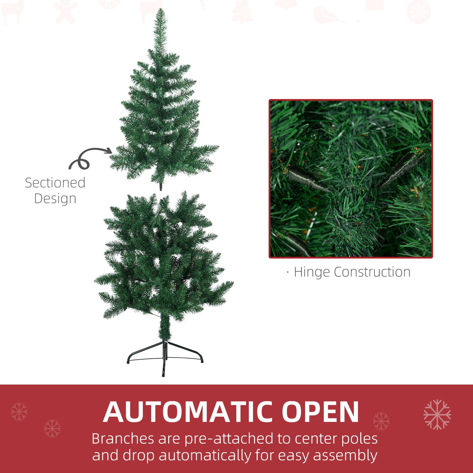 Homcom 5Ft Half Artificial Christmas Tree Holiday D Cor With 229 Branches, Auto Open, Steel Base, Green Green Plastic