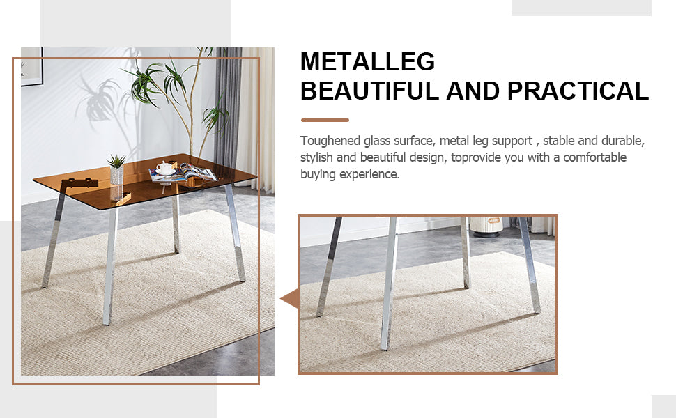 1 Table And 4 Chairs, Brown Tempered Glass Tabletop And Silver Metal Legs, Modern Minimalist Style Rectangular Glass Dining Table, Paired With 4 Modern Silver Metal Leg Chairs. 1123C 1162 Brown Seats 4 Glass