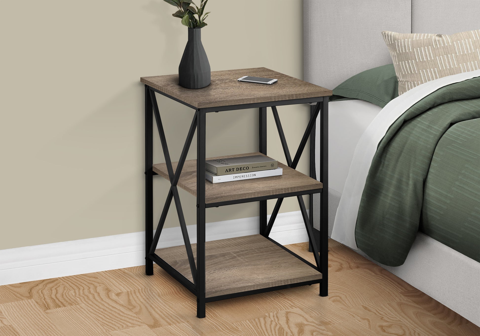 Accent Table, Side, End, Nightstand, Lamp, Living Room, Bedroom, Brown Laminate, Black Metal, Contemporary, Modern Taupe Metal