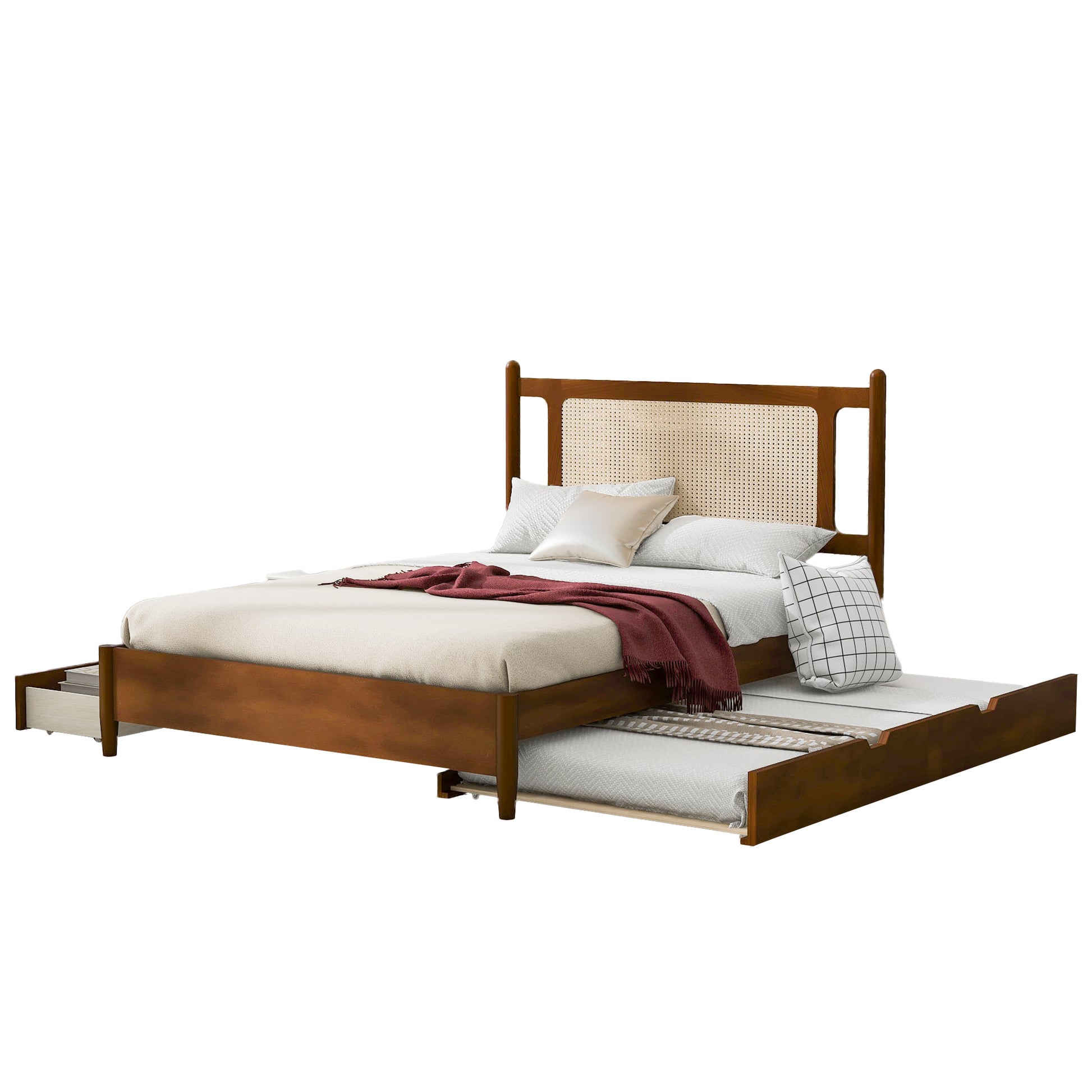 Queen Size Wooden Rattan Platform Bed, With 2 Big Drawers, T Size Trundle, Brown Queen Brown Plywood