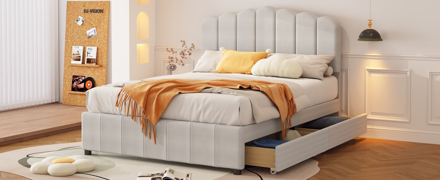 Full Size Upholstered Bed With 4 Storage Drawers,Wood Slat Support, Beige Full Beige Upholstered