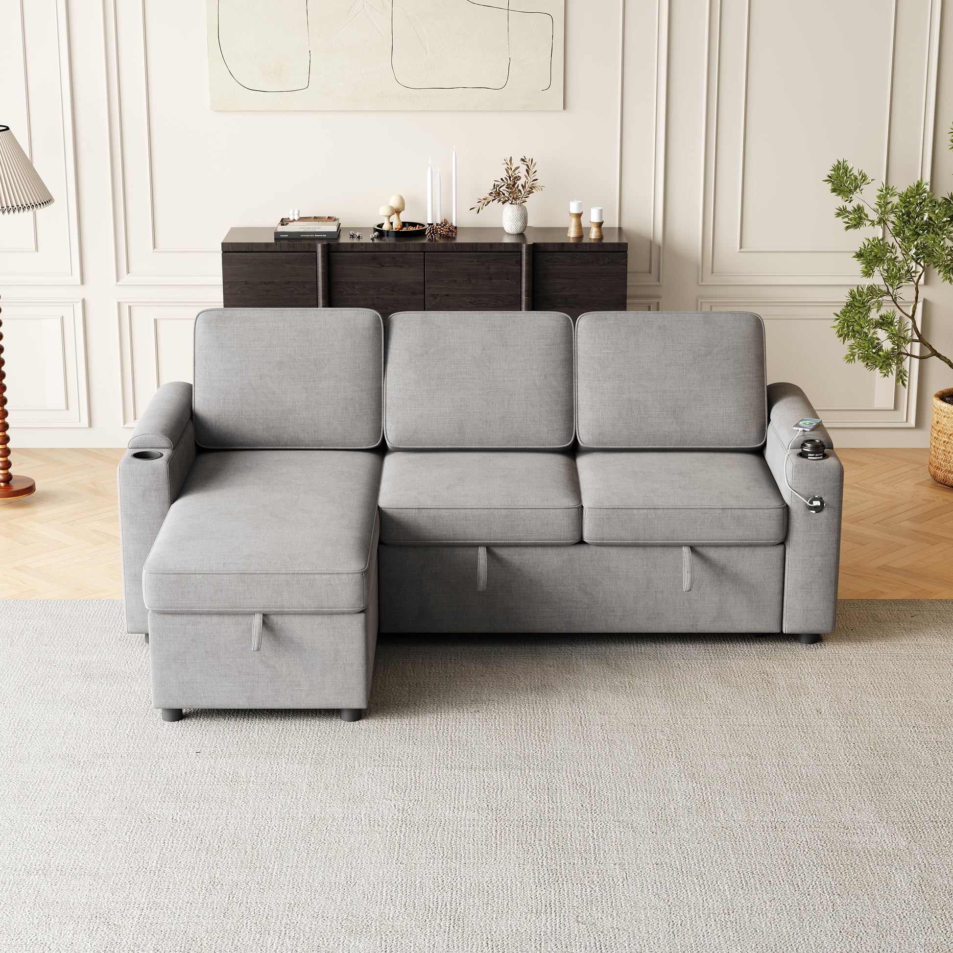 Mh85.8" Sleeper Sofa, Sofa Bed 2 In 1 Pull Out Sofa Bed With Storage Sofa, Sofa Sleeper With Pull Out Bed With Charging Port Dark Grey Polyester Primary Living Space Eucalyptus Polyester Fabric 3