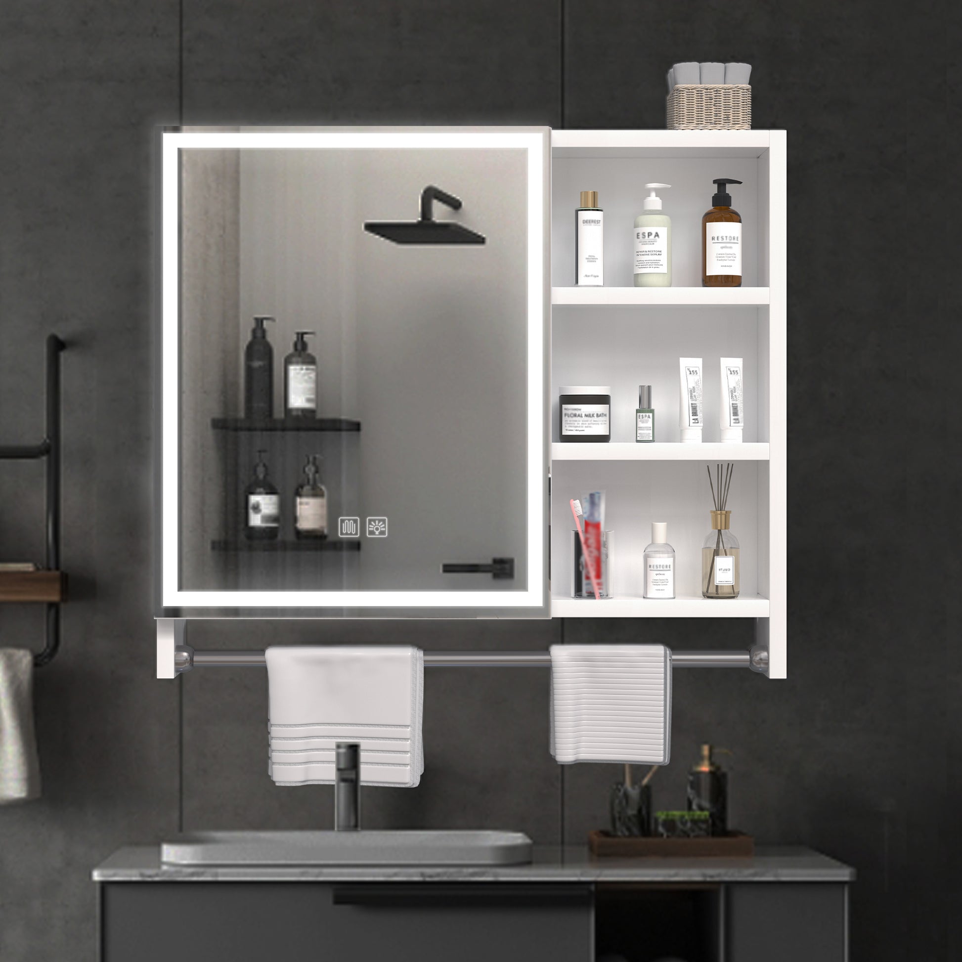 Modern 32X28Inches Bathroom Cabinets, Medicine Cabinets With Mirrors And Led Lights, Bathroom Lockers With Multilevel Storage Compartments And Towel Rails White 24 To 35 In 24 To 31 In 5 10 Inches Aluminium,Glass