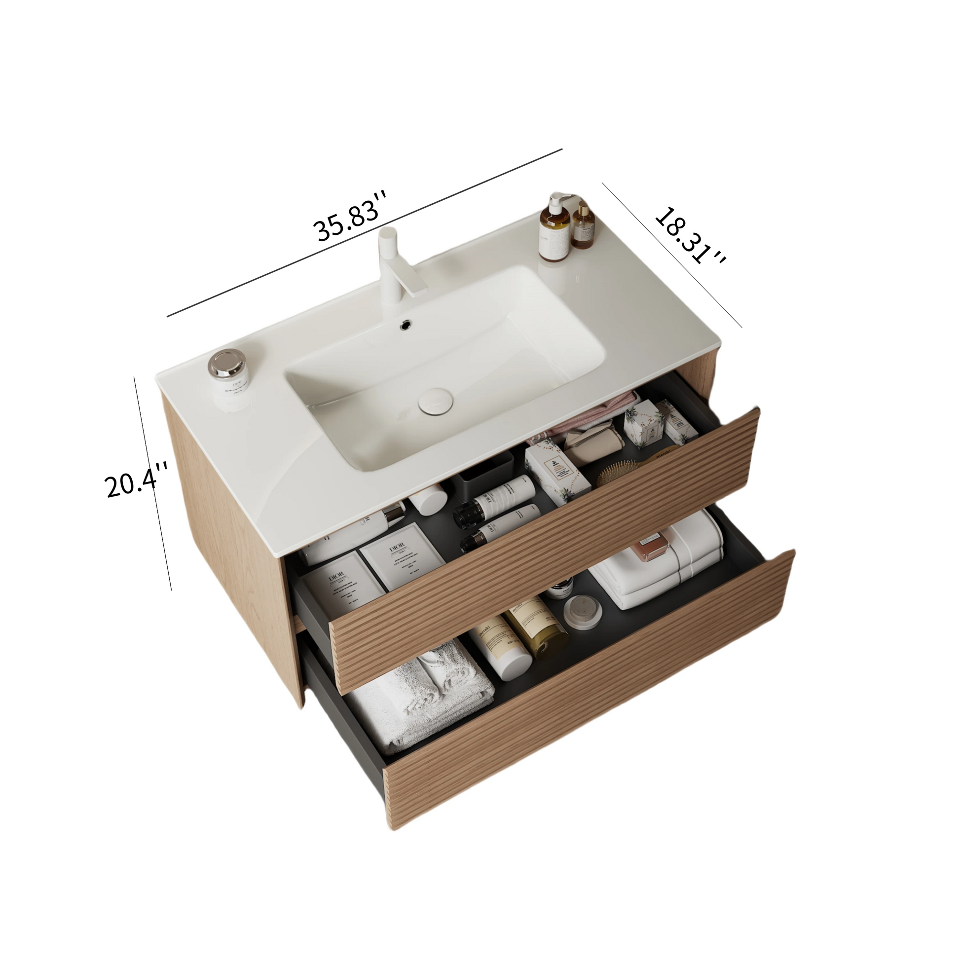 Bron 36" Bathroom Vanity With Sink, Modern Wall Mounted Floating Plywood Bathroom Storage Cabinet With 2 Drawers, White Ceramic Basin With Sink Hole Cover And Drain, Natural Walnut White Natural