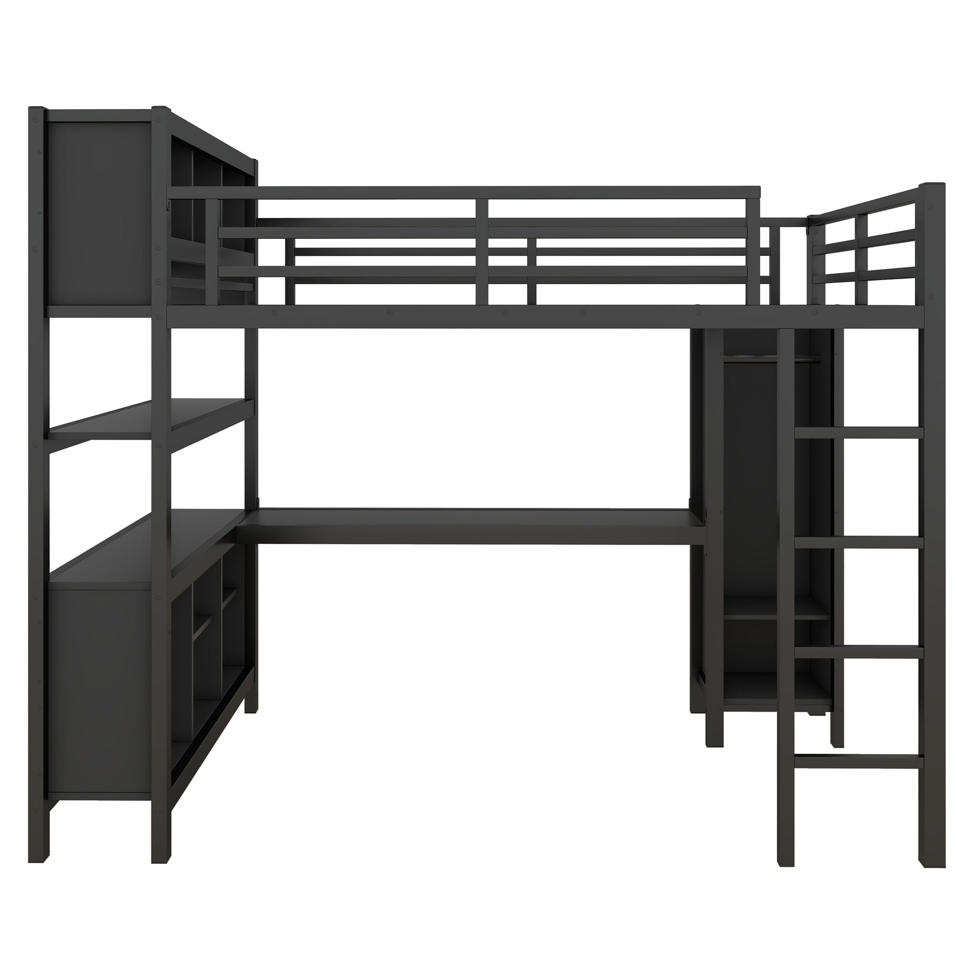 Metal Loft Bed With Wardrobe And L Shaped Desk, Full Size Loft Bed With Storage Cubes And Shelves, Heavy Duty Loft Bed For Kids Teens Adults, Black Full Black Metal