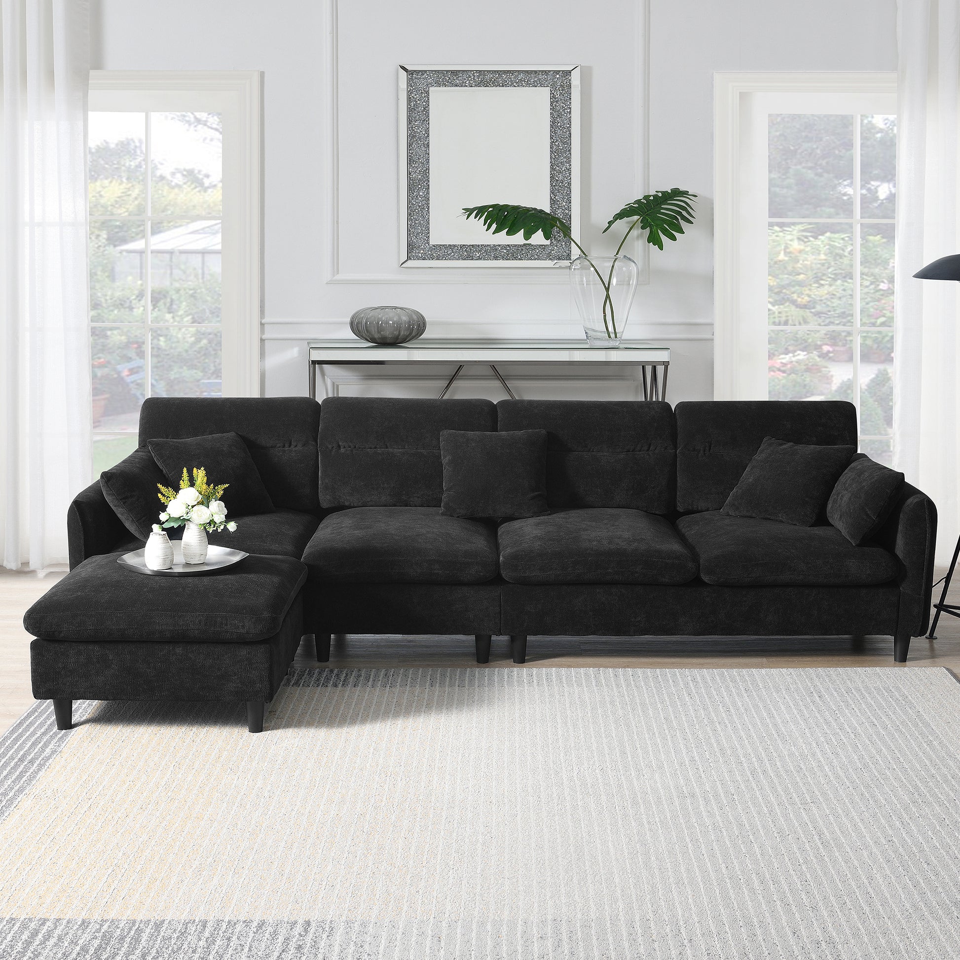 110*62" Modern Convertible Sectional Sofa,L Shaped Reversible Couch Set With Free Pillows,5 Seat Cloud Chenille Indoor Furniture With Ottoman For Living Room,Apartment,3 Colors Black Chenille 5 Seat