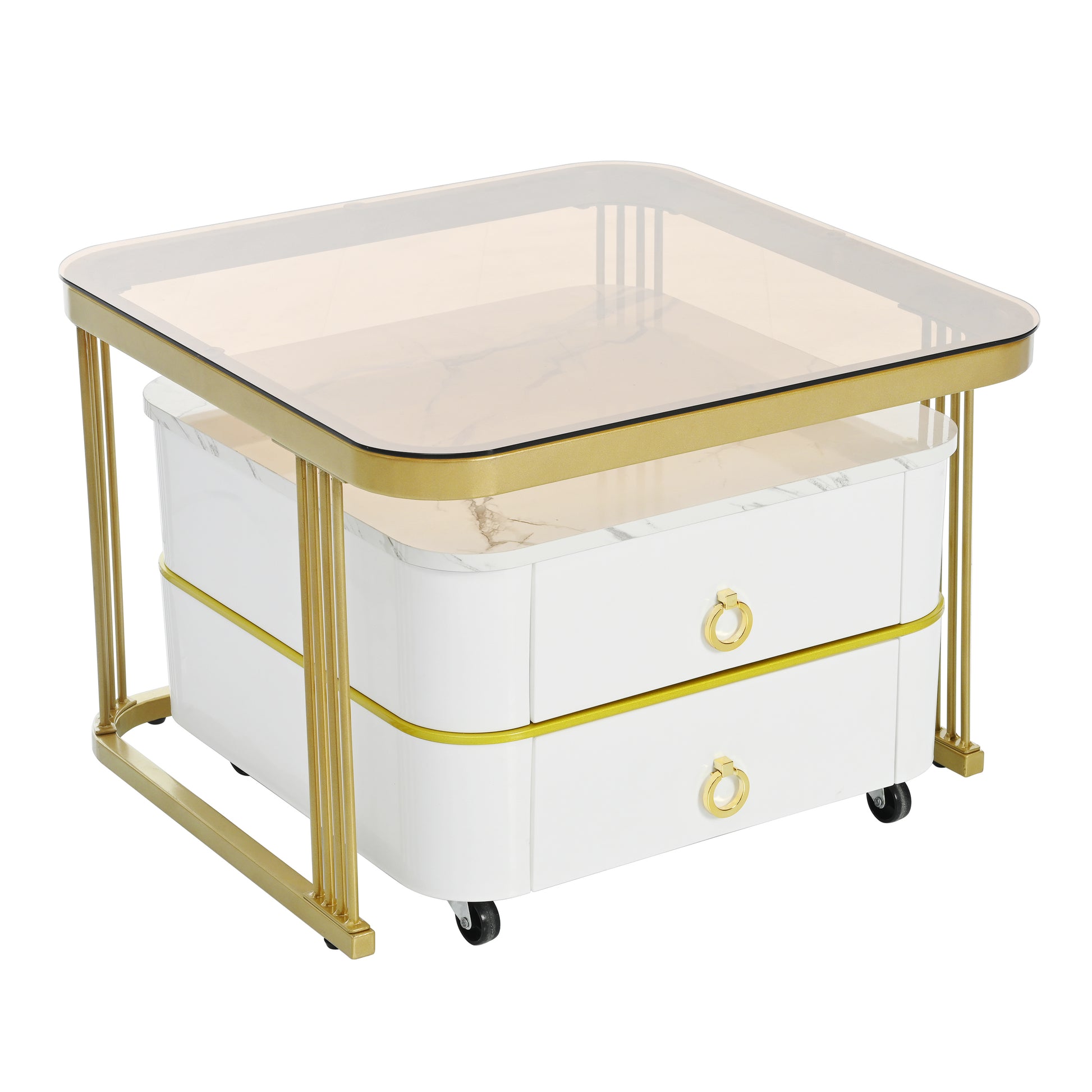 2 In 1 Square Nesting Coffee Table With Wheels & Drawers, Stackable Side Table With High Gloss Marble Grain Top, End Table Set With Brown Tempered Glass For Living Room, White White Gold Primary Living Space Drawers Square Mdf Steel
