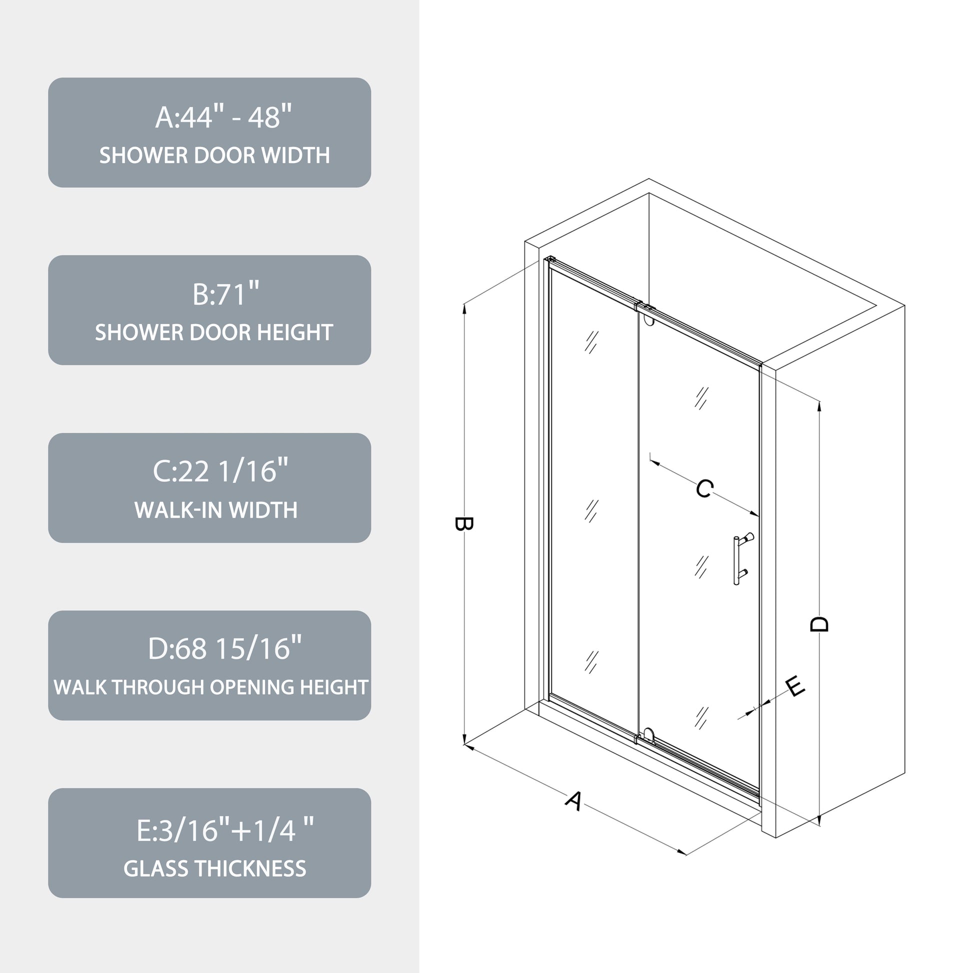 44 48" W X 71" H Piovt Swing Glass Shower Door,Pivot Frame Sliding Shower Door With 1 4" 6Mm Clear Sgcc Tempered Glass,Matte Black Finish Shower Doors,Reversible Installation Matte Black Bathroom