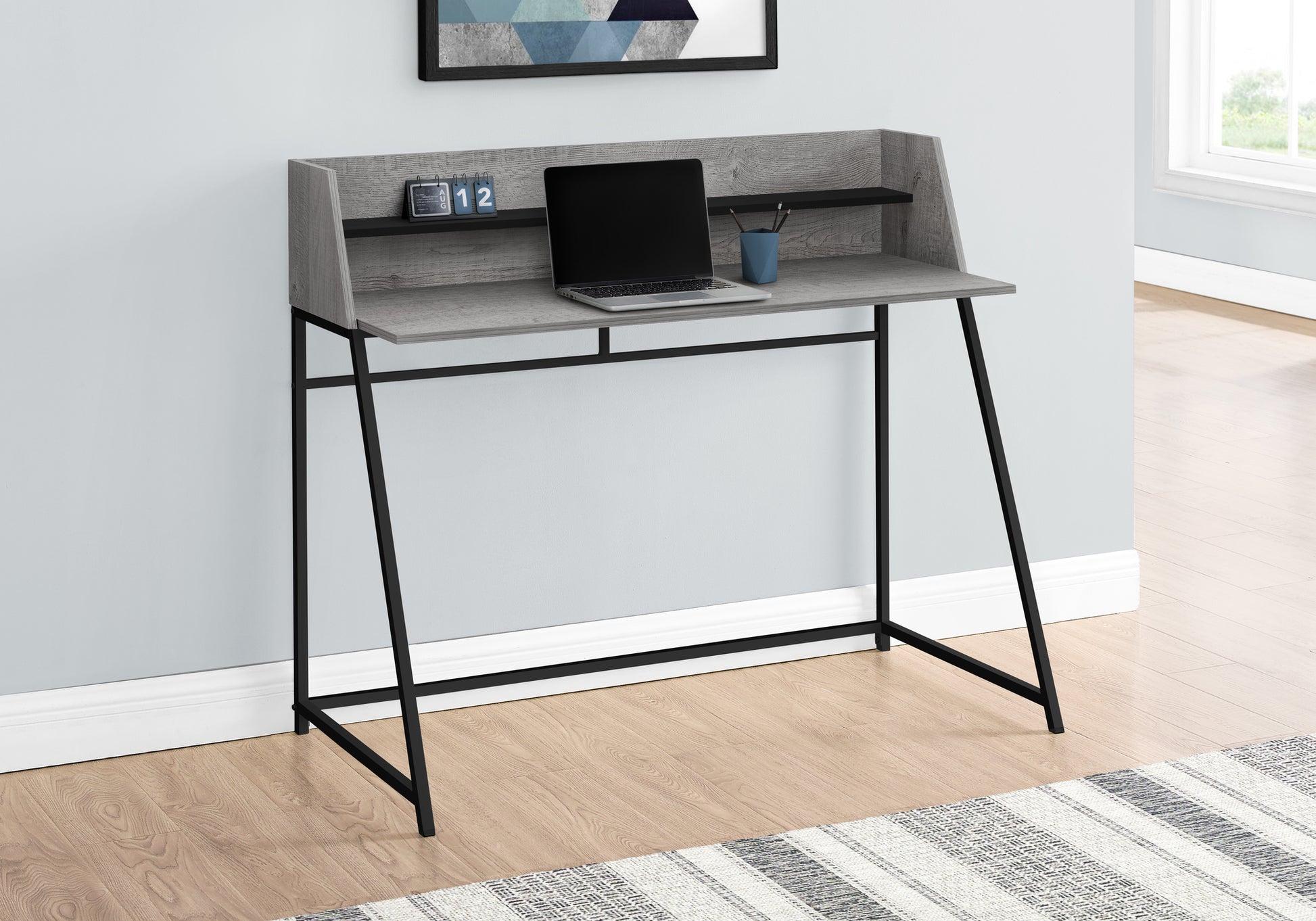 Computer Desk, Home Office, Laptop, Storage Shelves, 48"L, Work, Grey Laminate, Black Metal, Contemporary, Modern Grey Particle Board