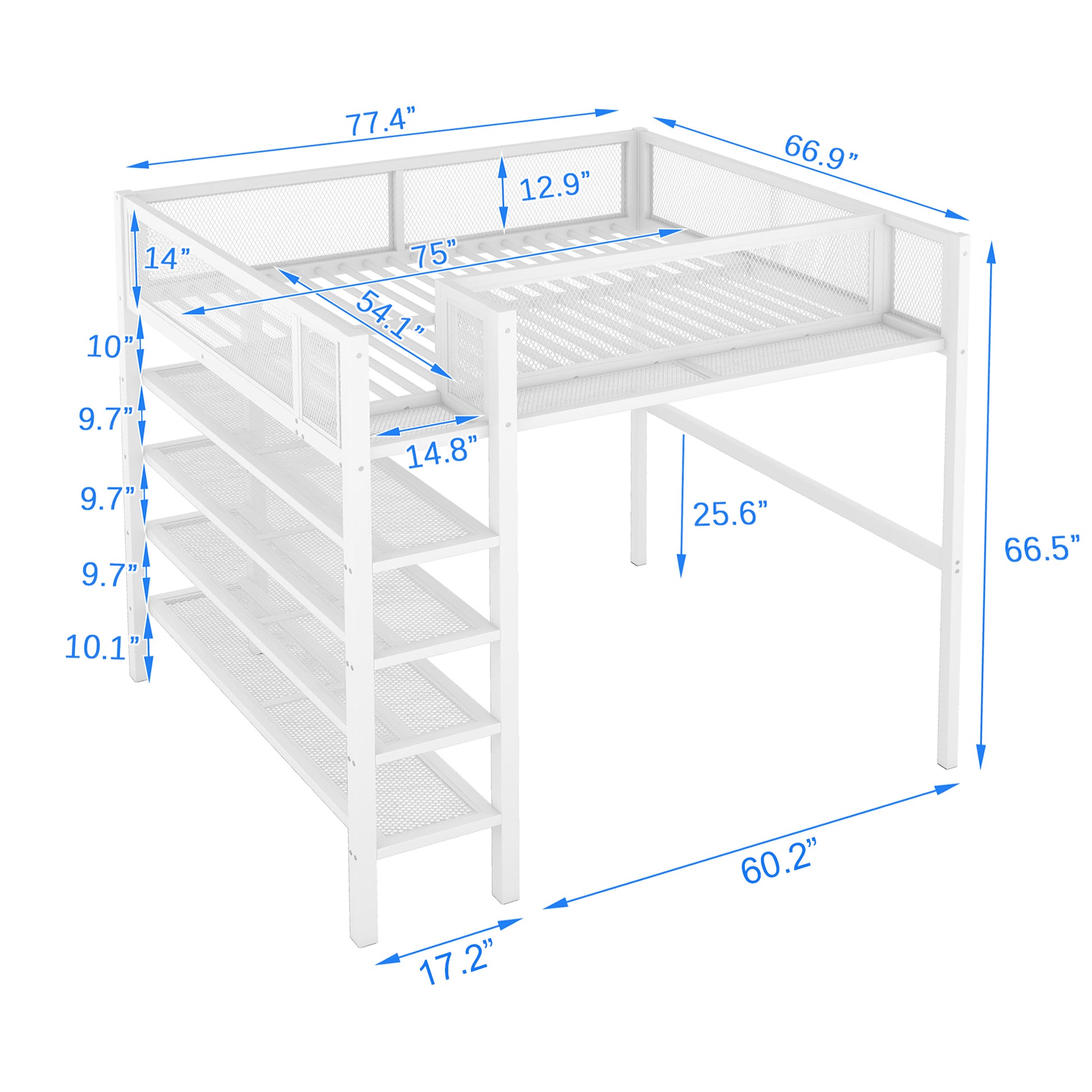 Full Size Metal Loft Bed With 4 Tier Shelves And Storage, White Full White Metal