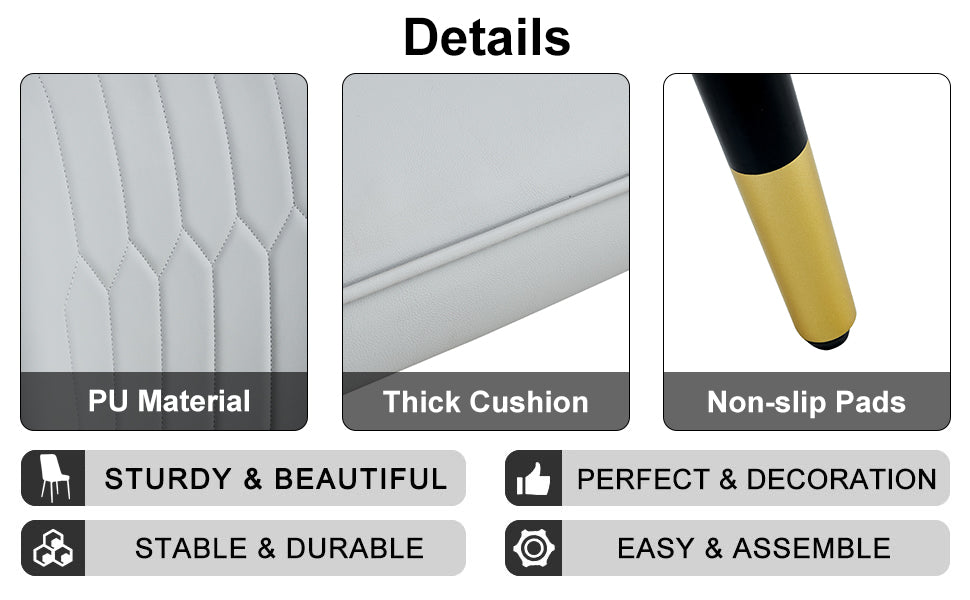 Table And Chair Set.The Table Has A Glass Top With Imitation Marble Pattern Stickers And Stainless Steel Golden Legs. Paried With Chairs With Pu Artificial Leather Backrest Cushions And Black Legs. White Gold Seats 6 Glass Metal