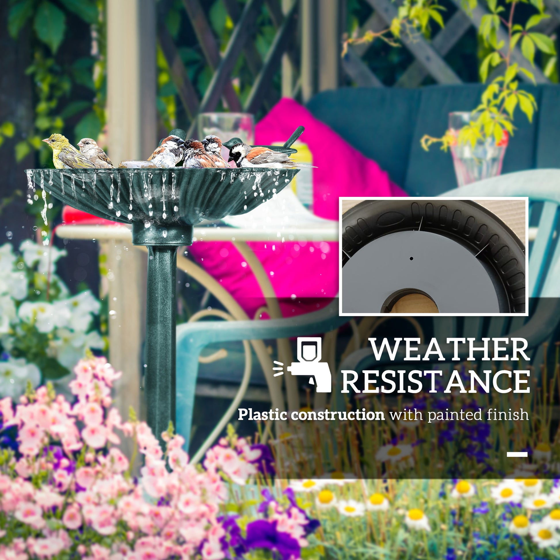 Outsunny 32" Antique Bird Bath With Pedestal Flower Planter Base, Vintage Style Decorative Birdbath, Bird Feeder Bowl & Planter Decoration Yard Statue, Verdigris Green Polypropylene