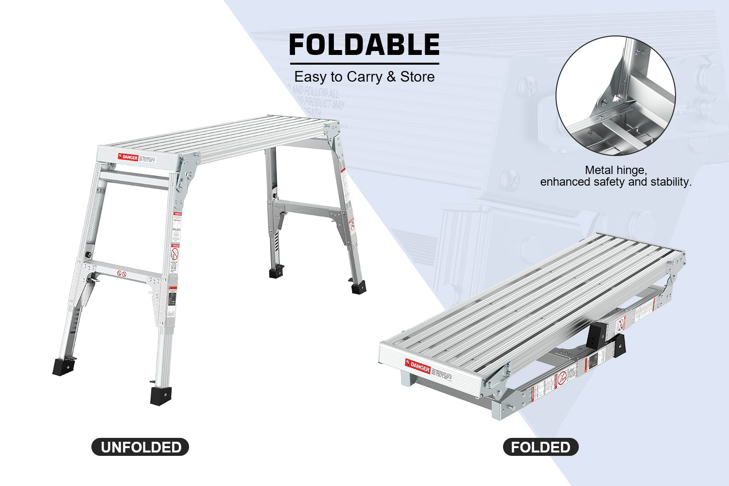 Aluminum Work Platform Large Size Step Stool Folding Portable Work Bench 40" Width Telescopic Feet 22" 27.5" Height Adjustable Grey Aluminium Alloy