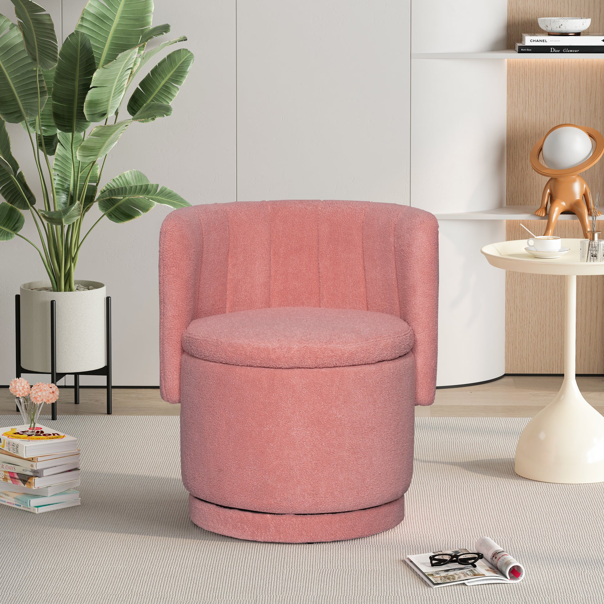 360 Degree Swivel Back Sofa Chair With Storage Space, Suitable For Bedroom And Living Room Pink Pink Boucle