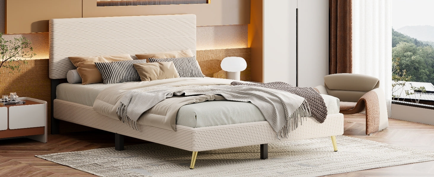 Queen Size Corduroy Upholstered Bed Frame, Platform Bed With Horizontal Stripe Headboard, No Box Spring Needed, Beige Queen Beige Bed Frame Solid Wood Mdf