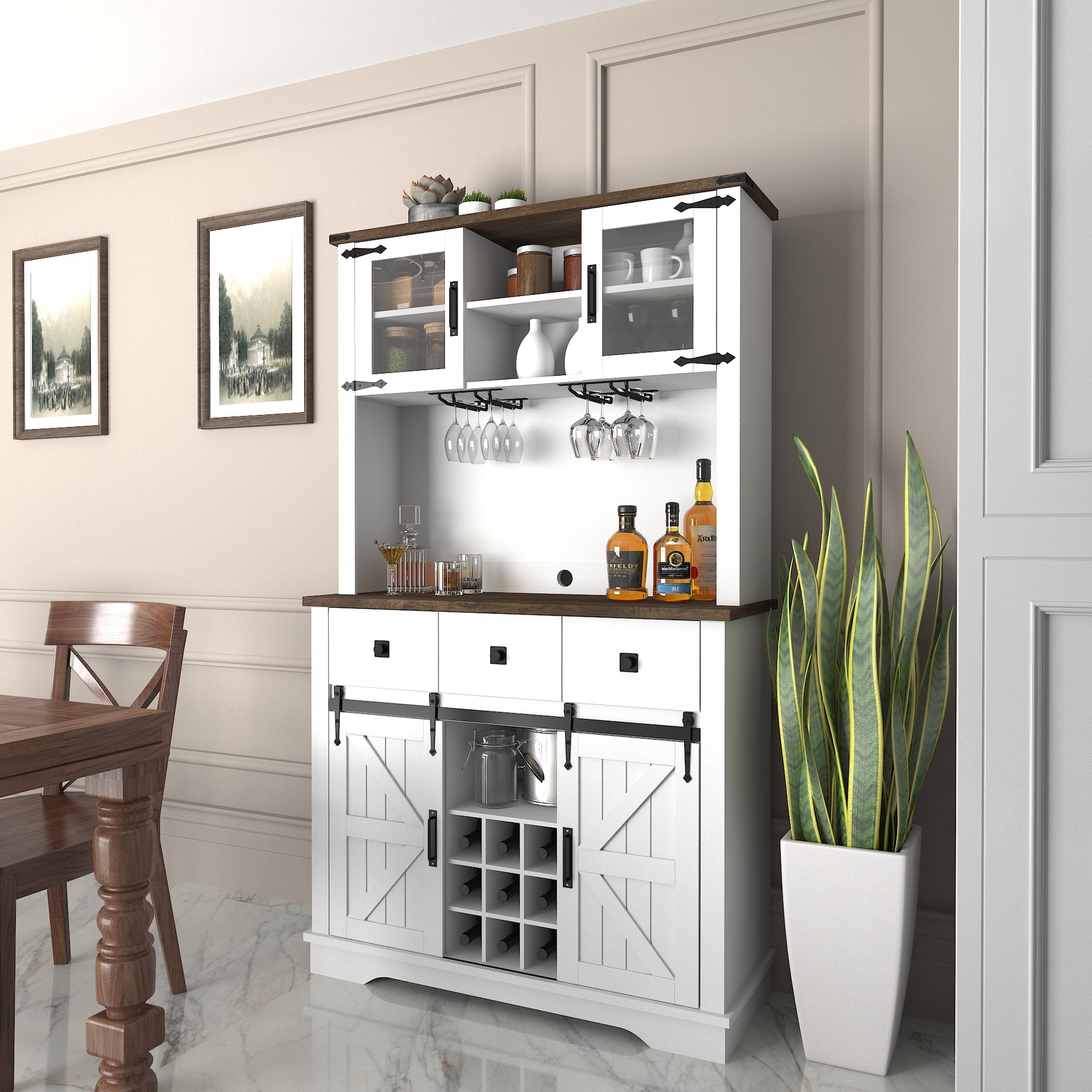 Barn Door White Sideboard Buffet With Wine Rack Farmhouse Bar