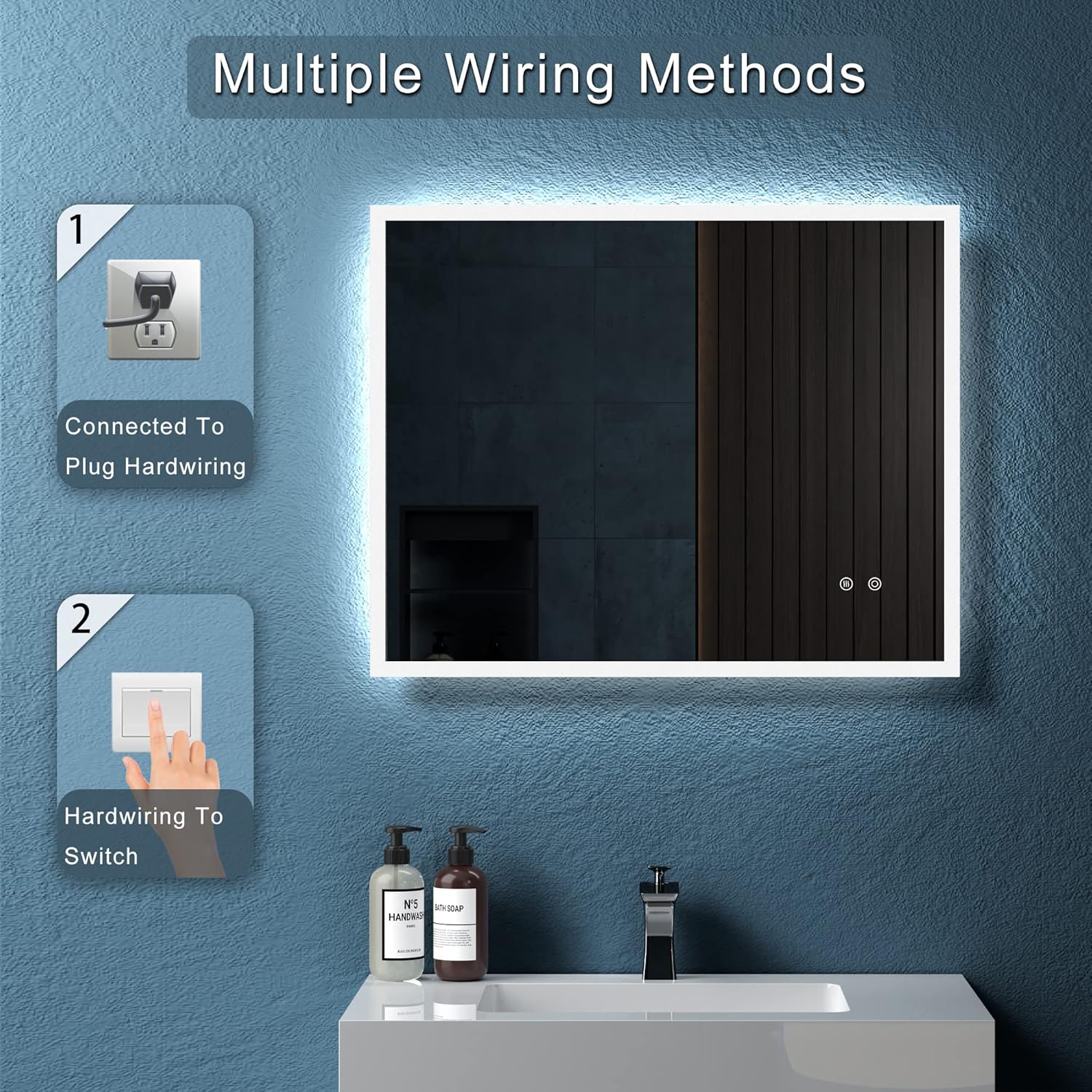 24" W X 30" H Modern Wall Mounted Led Backlit Anti Fog Rectangular Bathroom Mirror With Us Standard Plug, Temperature Adjustable And Memory Function Touch Switch White Glass