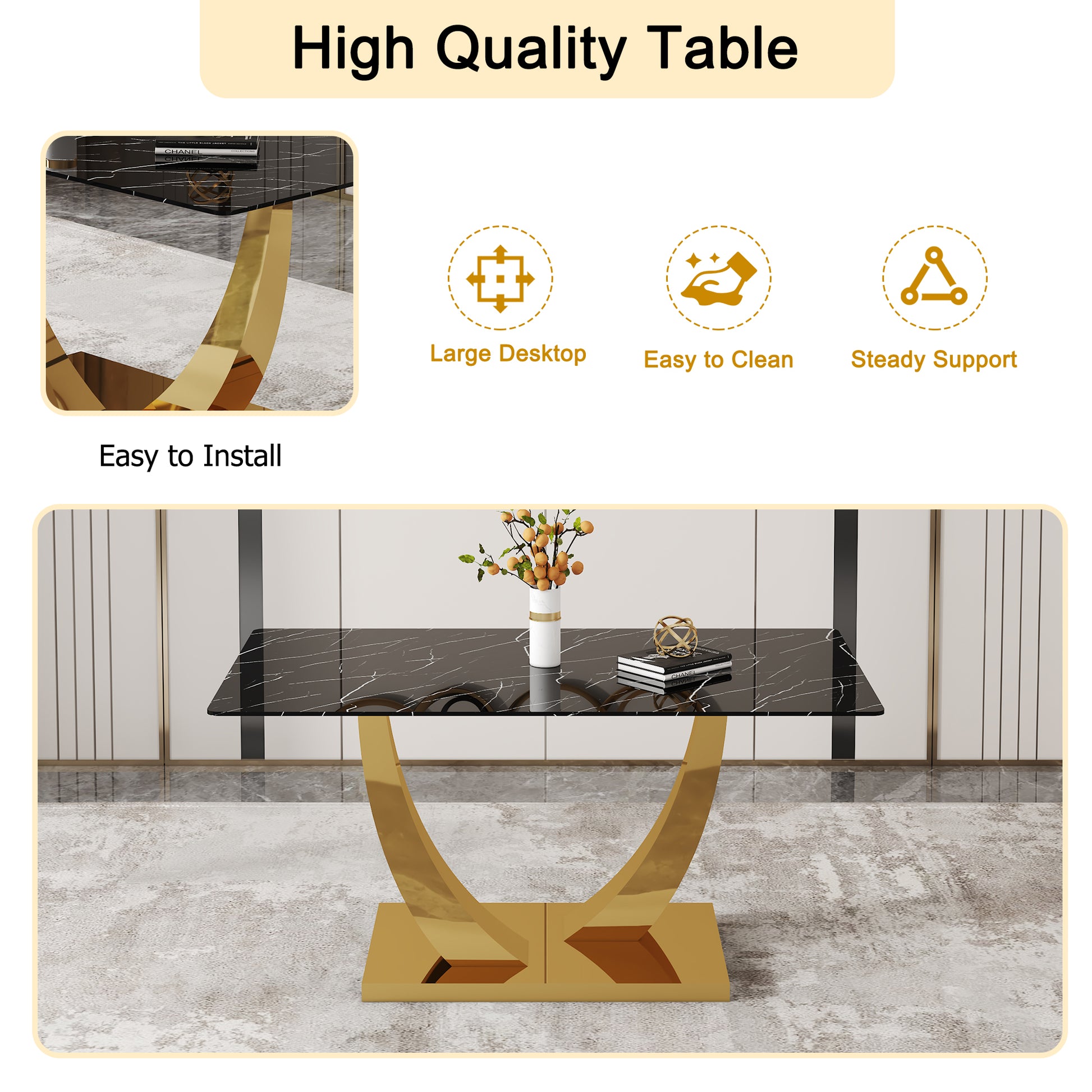 Table And Chair Set.Modern Rectangular Dining Table With Black Textured Stickers Glass Tabletop And Gold Plated Metal Legs.Paried With 4 Comfortable Chairs With Pu Seats And Black Metal Legs. Black Gold,Brown,Light Gray Seats 4 Glass Metal
