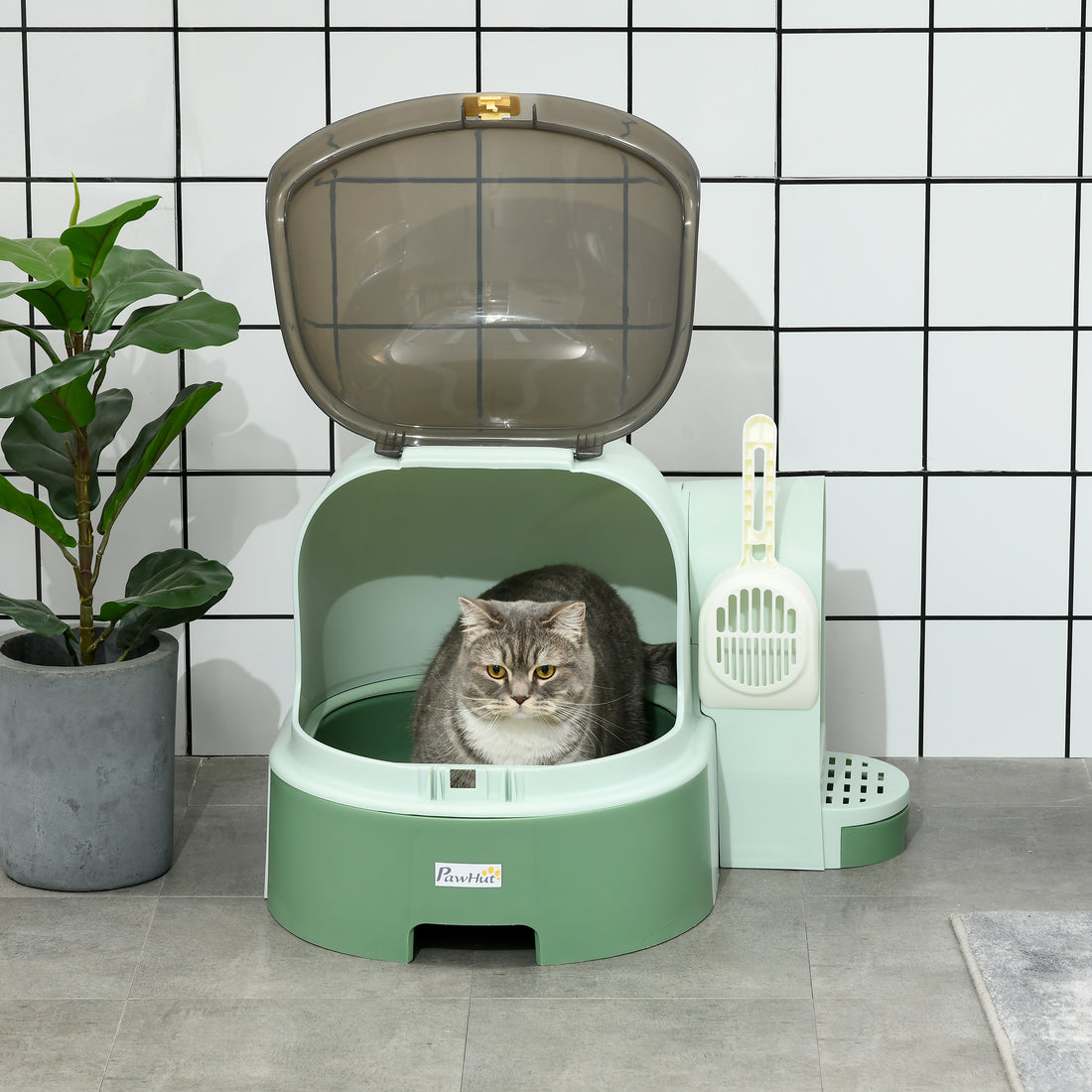 Pawhut Cat Litter Box With Lid, Covered Litter Box, Easy To Clean & Open Including Openable Front Cover, Litter Scoop, Green Green Plastic