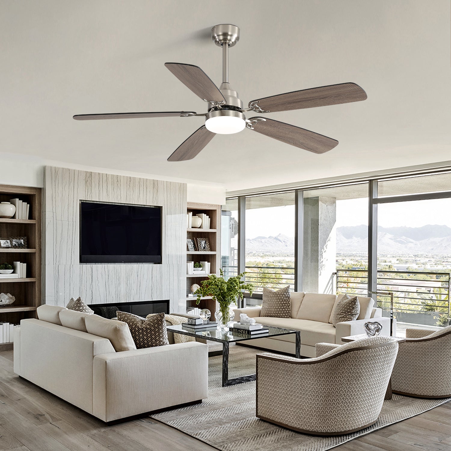 Modern 52 Inch Led Ceiling Fan With 110V 6 Speed Wind 5 Blades Remote Control Reversible Dc Motor With Light Brushed Nickel Mdf