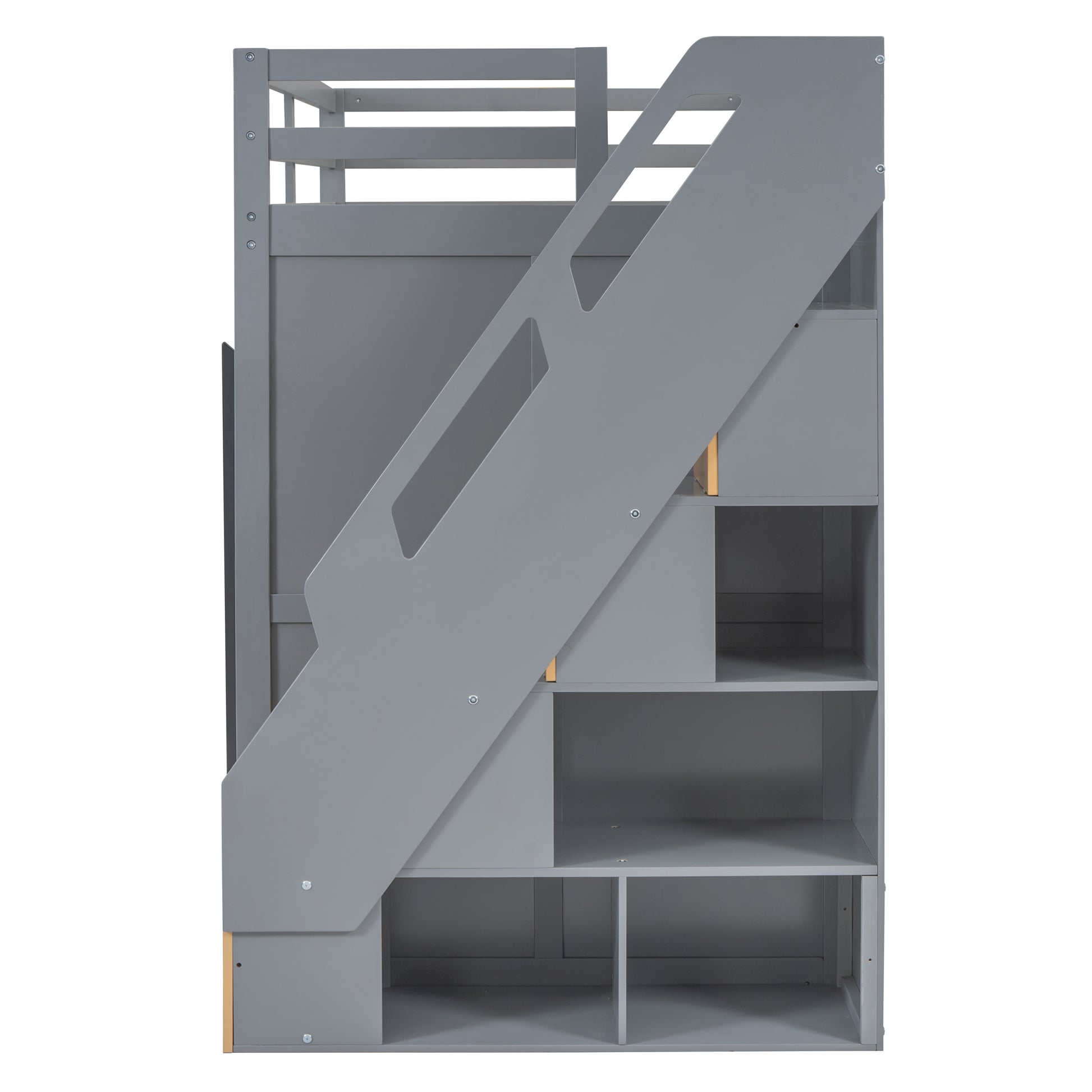 Modern Loft Bed With Two Tone Storage Stairs And Pull Out Wardrobes, Gray Twin Gray Solid Wood Mdf