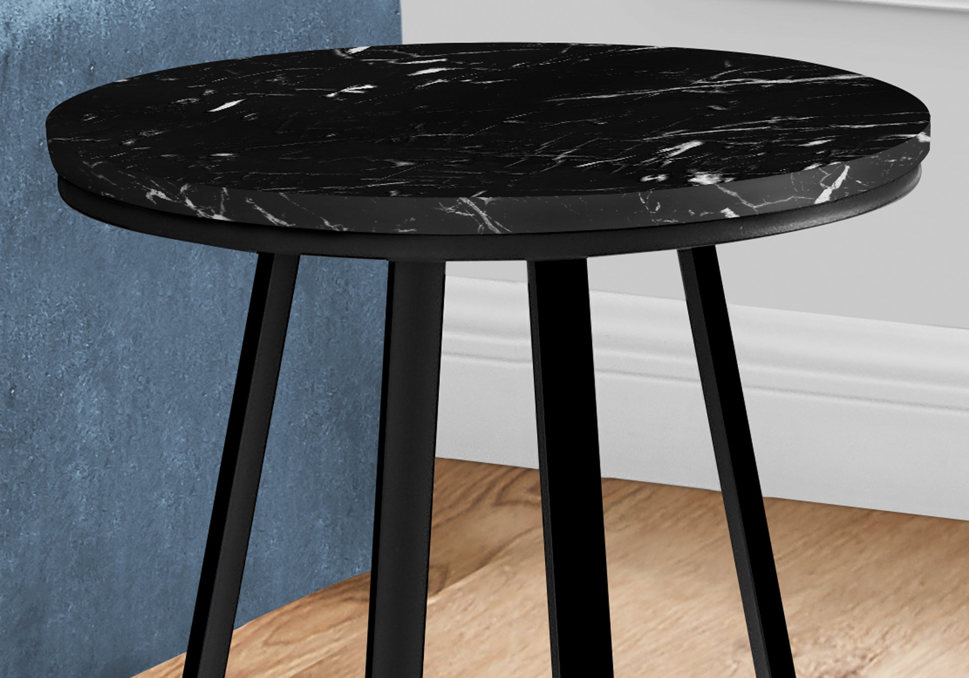 Accent Table, Side, Round, End, Nightstand, Lamp, Living Room, Bedroom, Black Marble Look Laminate, Black Metal, Contemporary, Modern Black Metal