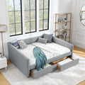 Queen Size Daybed With Two Drawers Trundle Upholstered Sofa Bed, With Vertical Stripes Linen Fabric, Grey 86.5