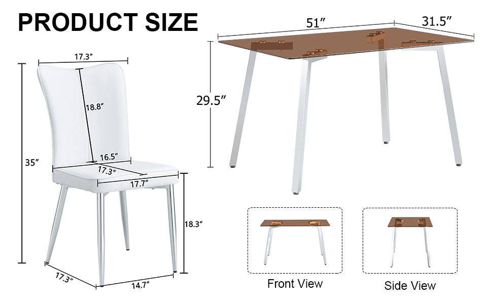 Table And Chair Set. Large Modern Rectangular Table With Brown Glass Top And Silver Metal Legs. It Comes With Soft And Comfortable Pu Seats, Faux Leather Upholstered Seats And Silver Metal Legs. Brown,White Seats 4 Glass Metal